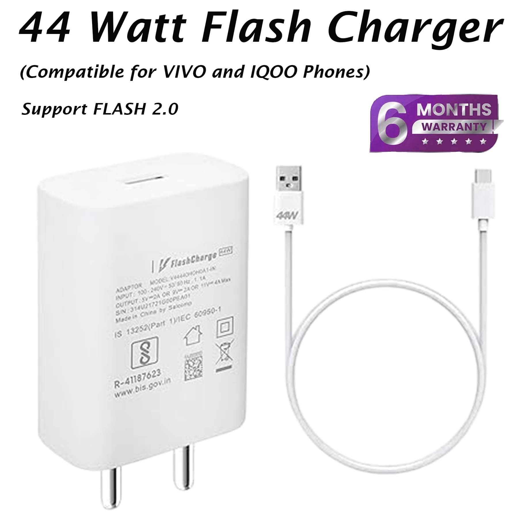     			44 Watt Flash Charger, 4A Wall Charger, Support FLASH 2.0, with 120W Flash Charge Detachable Type A to C White Cable (Compatible for VI-VO and IQOO Phones)