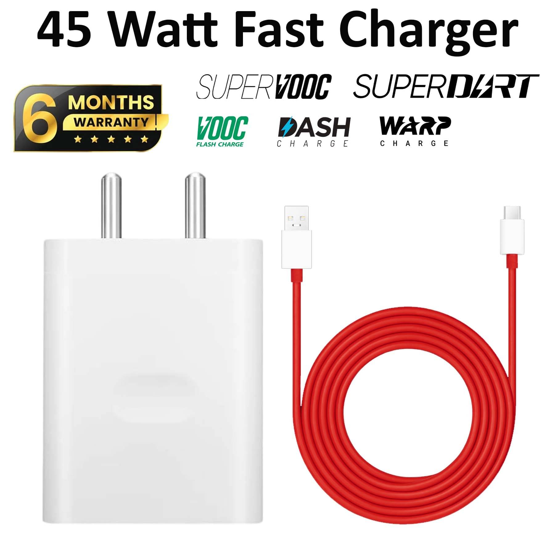     			45 W Fast Charger with Type C Cable, 5A Wall Charger, Travel Mobile Charger, Supports Supervooc, Vooc, Dash, Warp Charge for Android Devices