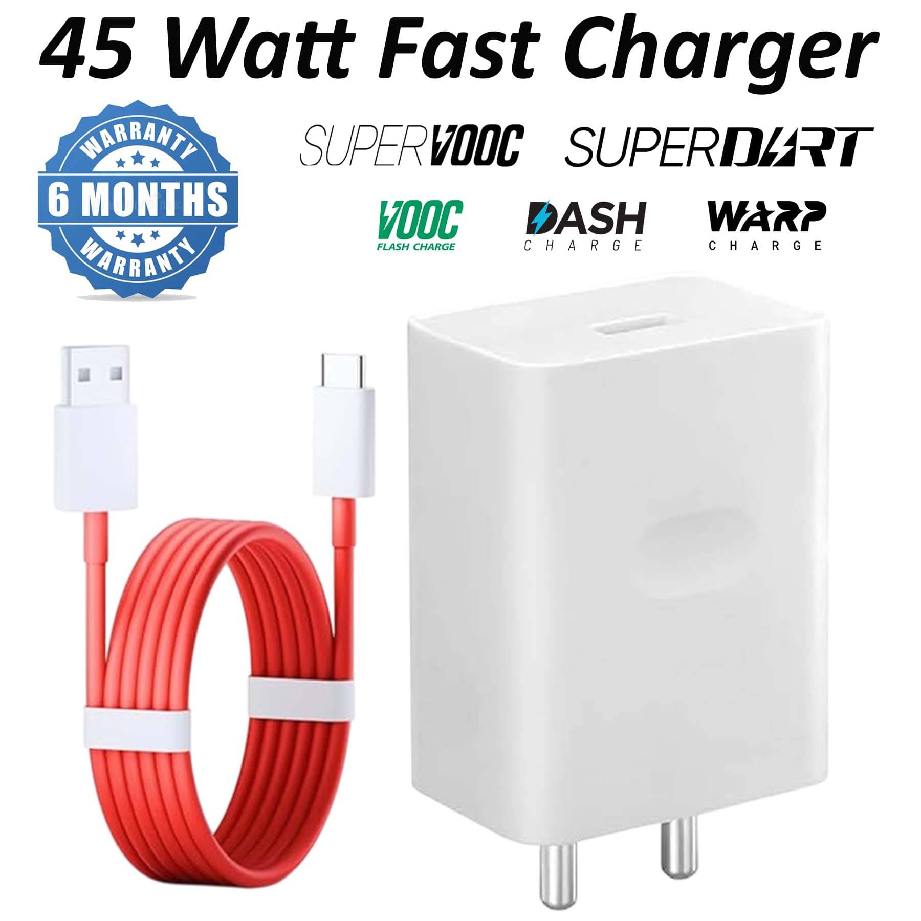     			45 Watt 5 A Wall Fast Charging Mobile Charger With Detachable Cable Supports Supervooc, Vooc, Superdart, Dash, Warp Charging Tech (Red, Cable Included)