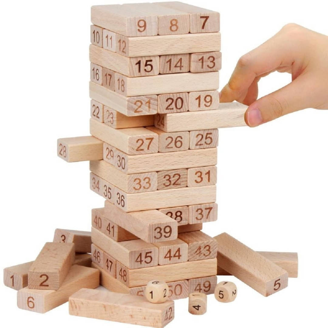     			54-Piece Wooden Jenga Game with Dice | Tumbling Tower Stacking Toy for Kids, Adults & Game Nights