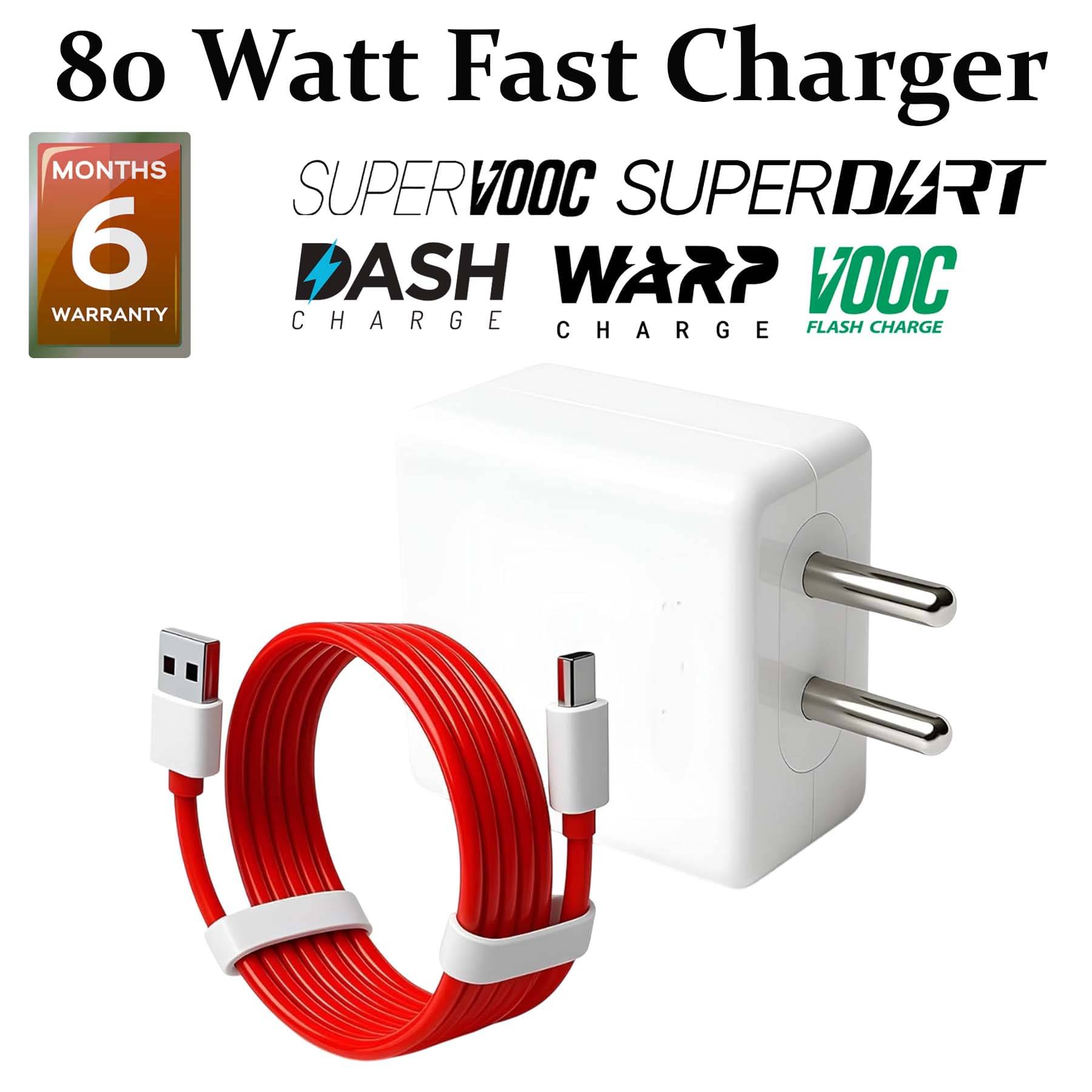     			80 Watt 8 A Fast Charging Mobile Charger With Detachable Cable Supports Supervooc, Vooc, Superdart, Dash, Warp Charging Tech (Red, Cable Included)
