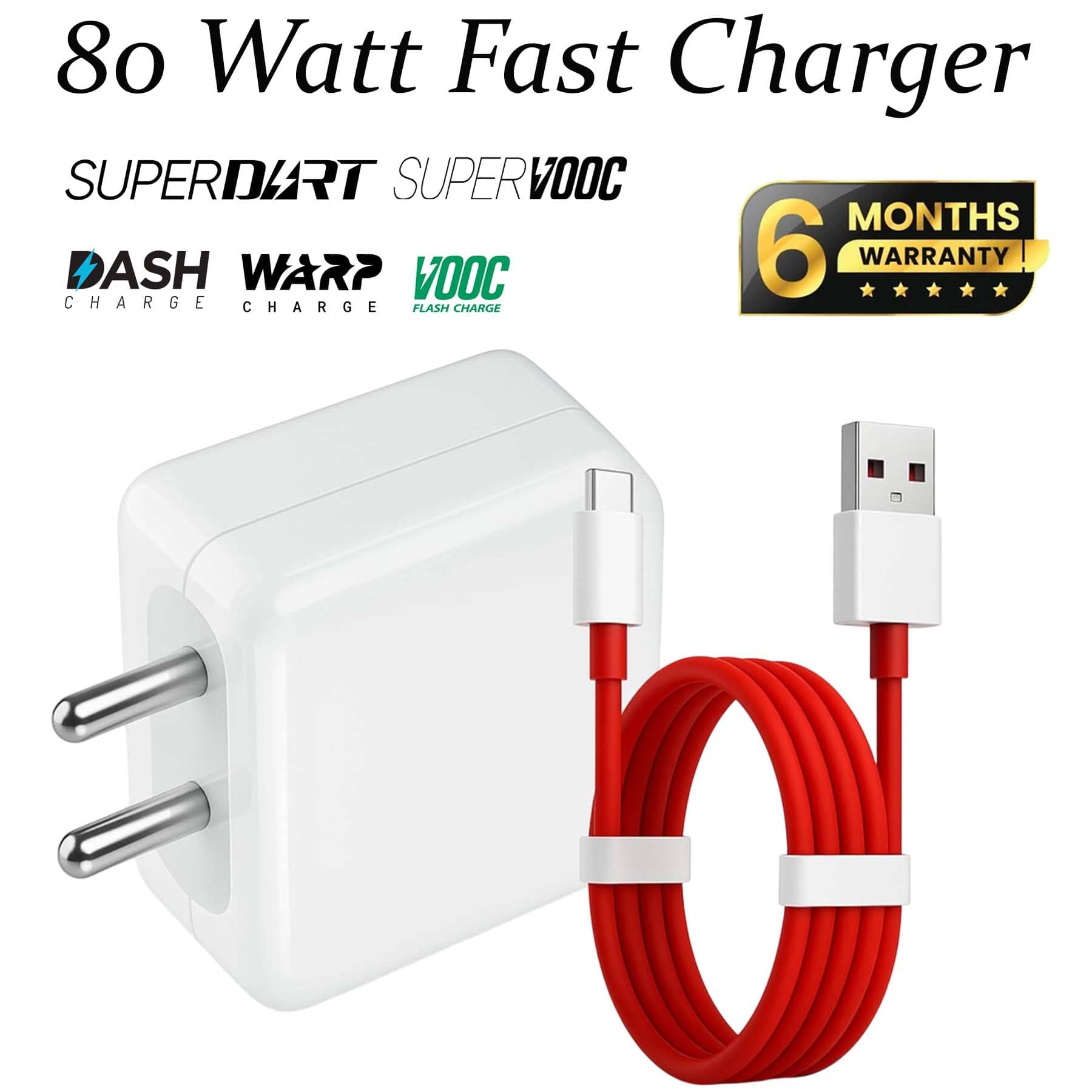     			80 Watt 8 A Wall Fast Charging Mobile Charger With Detachable Cable Supports Supervooc, Vooc, Superdart, Dash, Warp Charging Tech (Red, Cable Included)