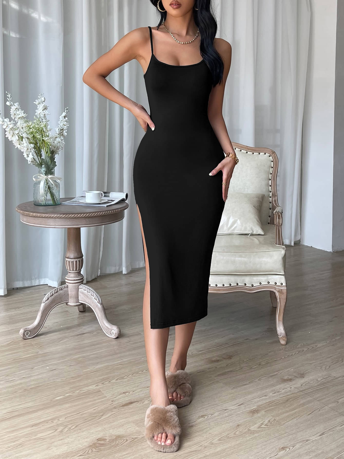 Aahwan Women Polyester Solid Bodycon Dress ( Black ) Aahwan Women Polyester Solid Bodycon Dress ( Black )