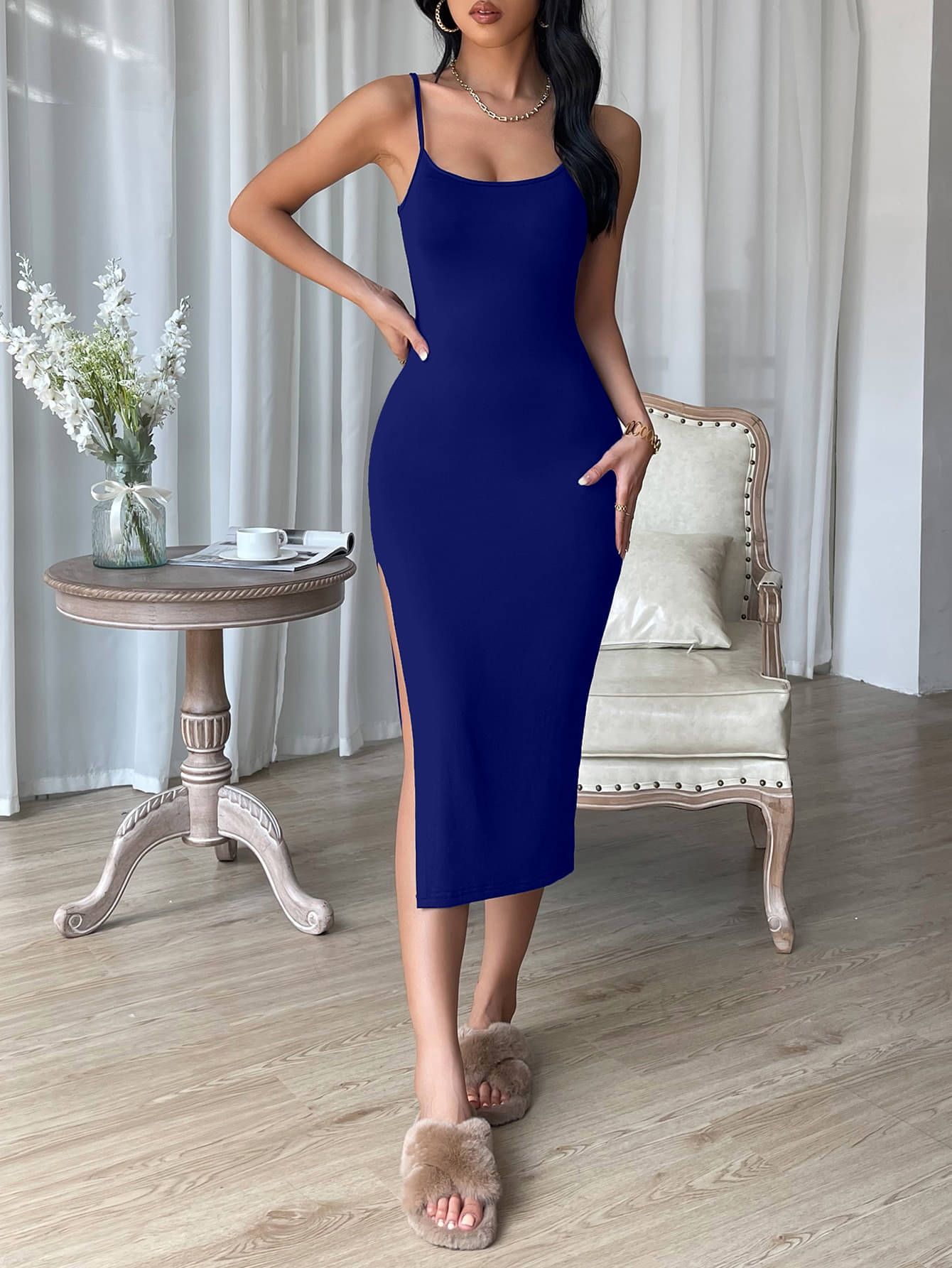     			Aahwan Women Polyester Solid Bodycon Dress ( Blue )