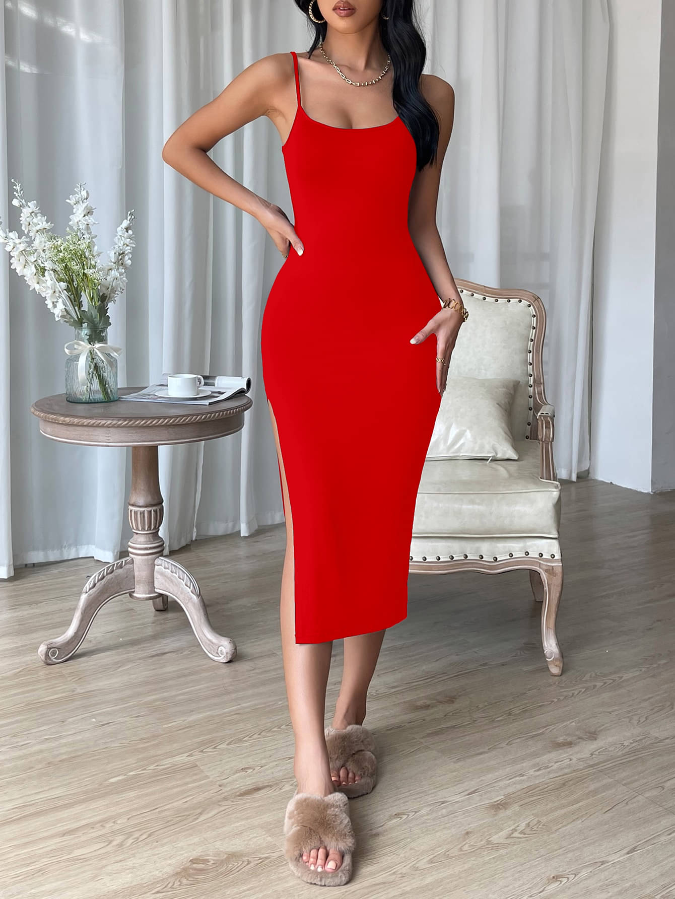     			Aahwan Women Polyester Solid Bodycon Dress ( Red )