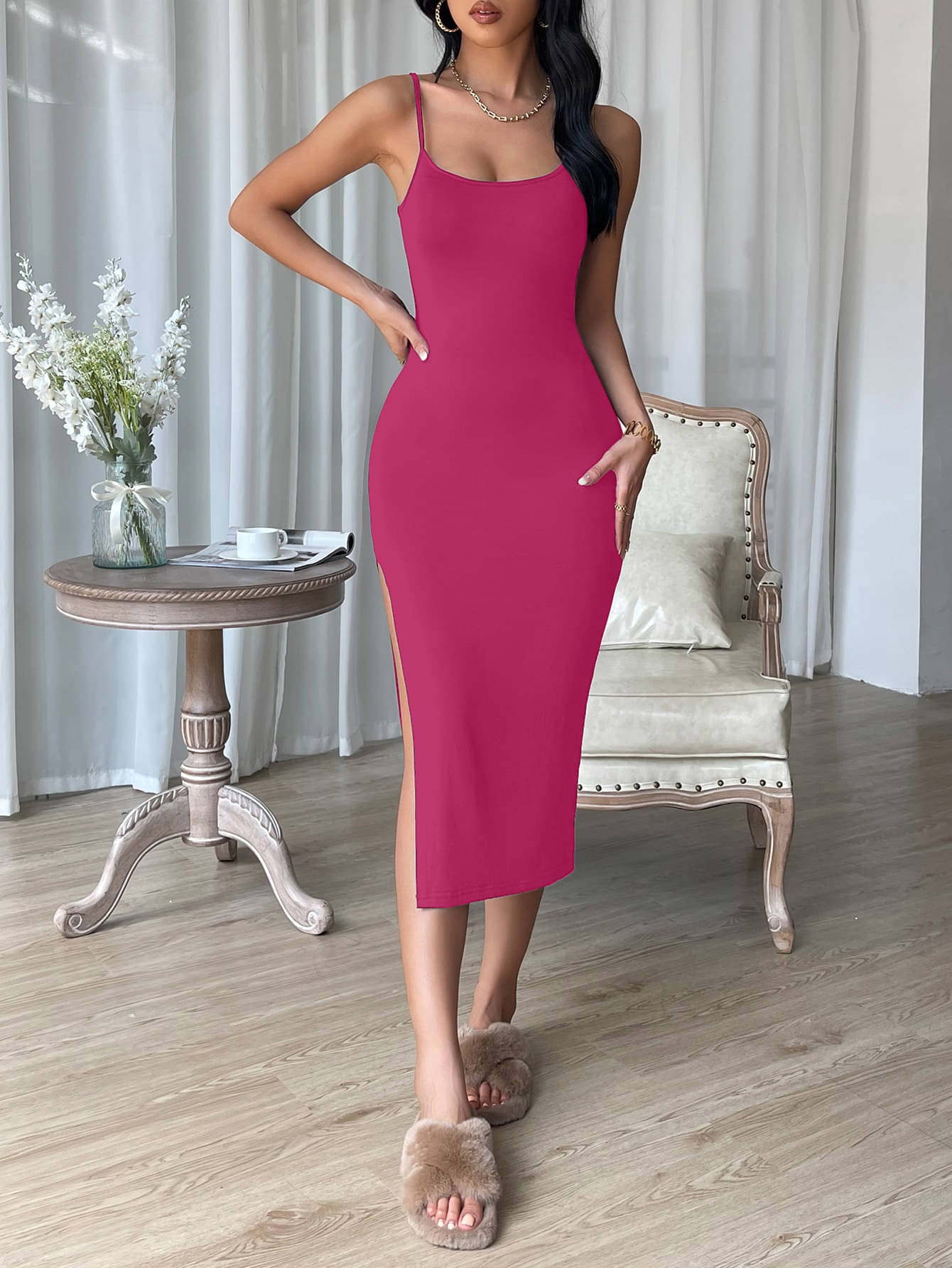     			Aahwan Women Polyester Solid Bodycon Dress ( Pink )