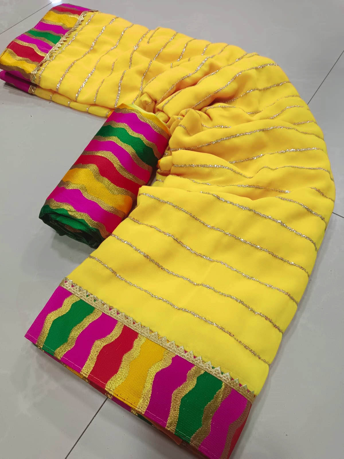 Avenue Creation Georgette Embroidered Leheriya Saree With Unstitched Blouse Piece ( Yellow ) Avenue Creation Georgette Embroidered Leheriya Saree With Unstitched Blouse Piece ( Yellow )