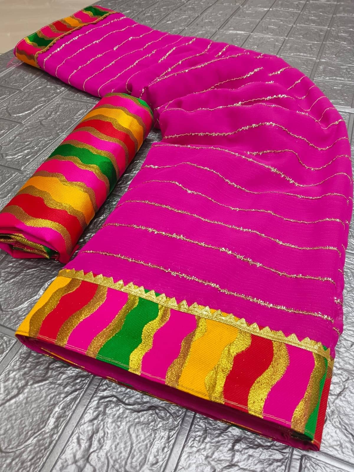 Avenue Creation Georgette Embroidered Leheriya Saree With Unstitched Blouse Piece ( Pink ) Avenue Creation Georgette Embroidered Leheriya Saree With Unstitched Blouse Piece ( Pink )