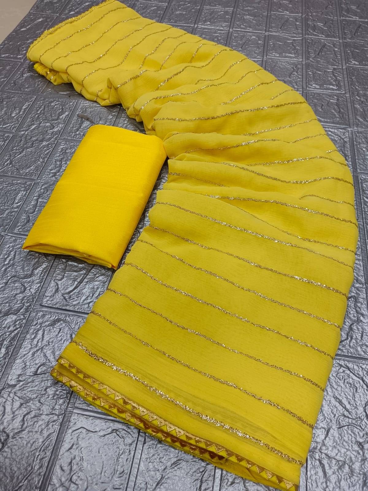 Avenue Creation Georgette Embroidered Leheriya Saree With Unstitched Blouse Piece ( Yellow ) Avenue Creation Georgette Embroidered Leheriya Saree With Unstitched Blouse Piece ( Yellow )