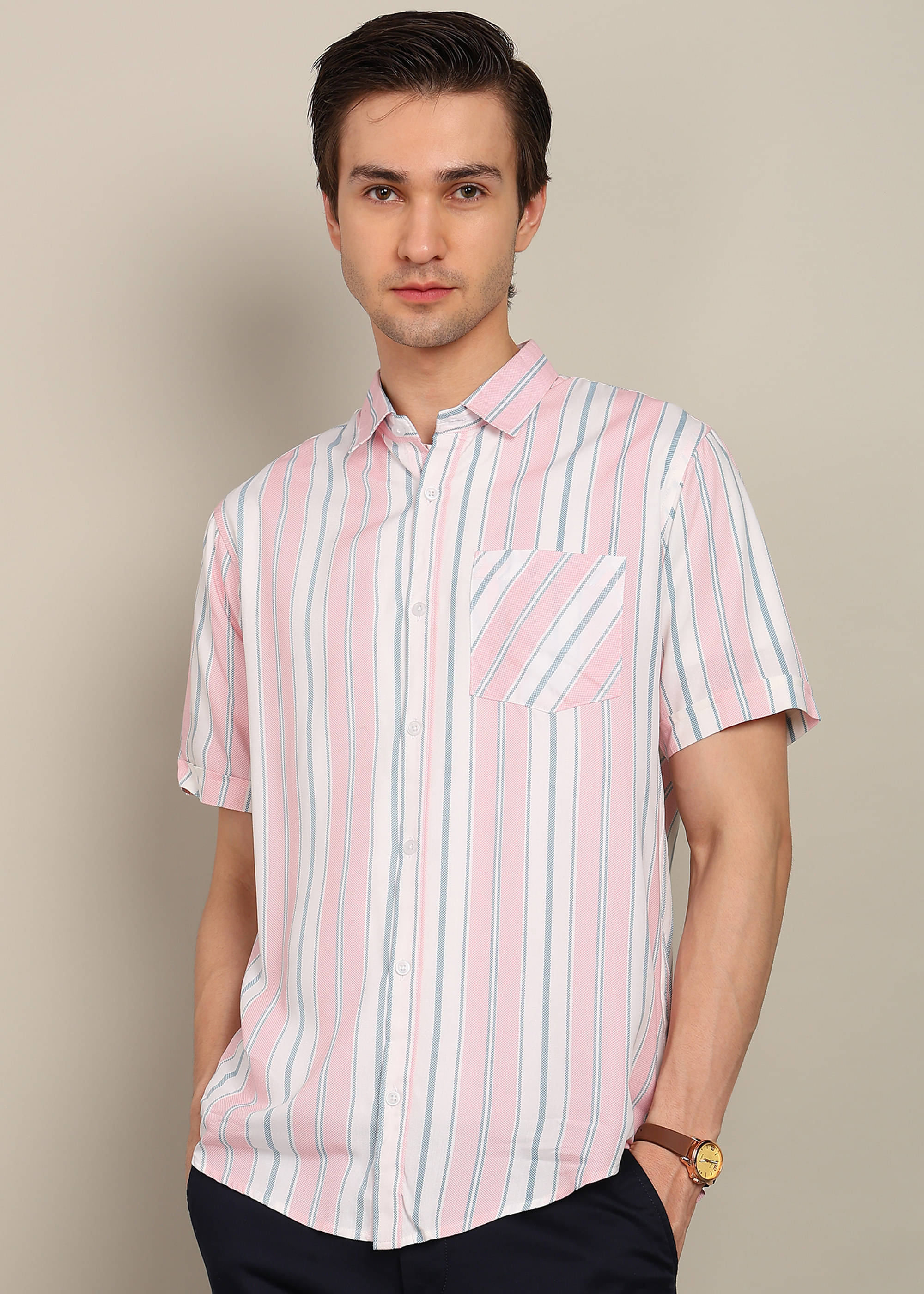    			BLYNK Poly Cotton Regular Fit Striped Half Sleeves Men's Casual Shirt - Pink ( Pack of 1 )