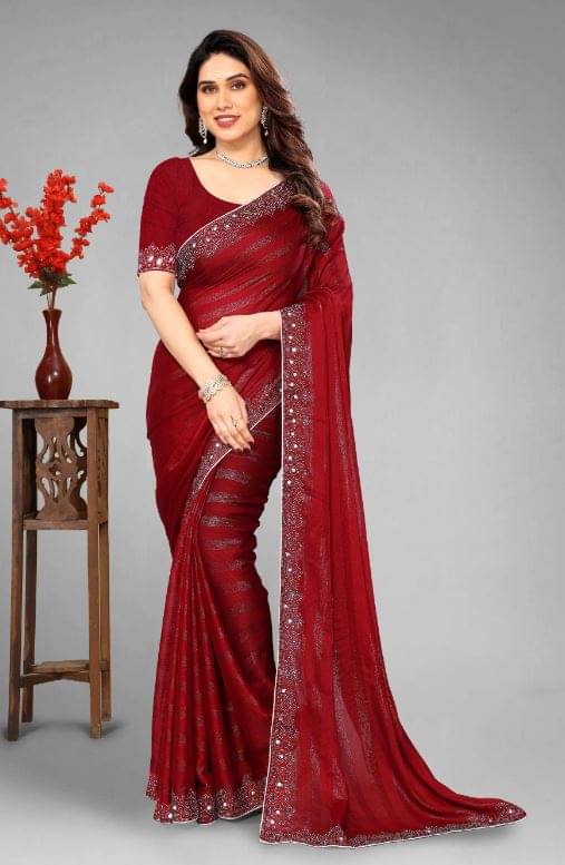     			DHIMS TOGGERY Chiffon Embroidered Regular Saree With Unstitched Blouse Piece ( Maroon )