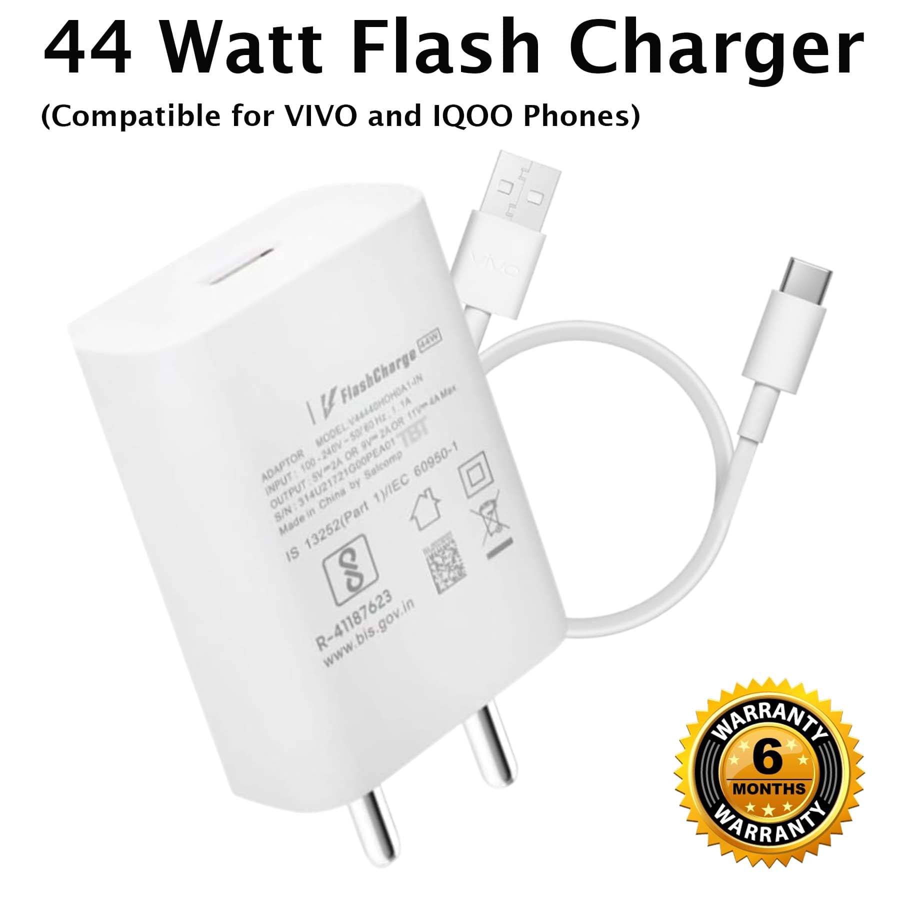     			Flash Charger 44W Wall Charger 4A (Support FLASH 2.0 only) with 120W Flash Charge Detachable Type A to C White Cable (Compatible for VI-VO and IQOO Phones)