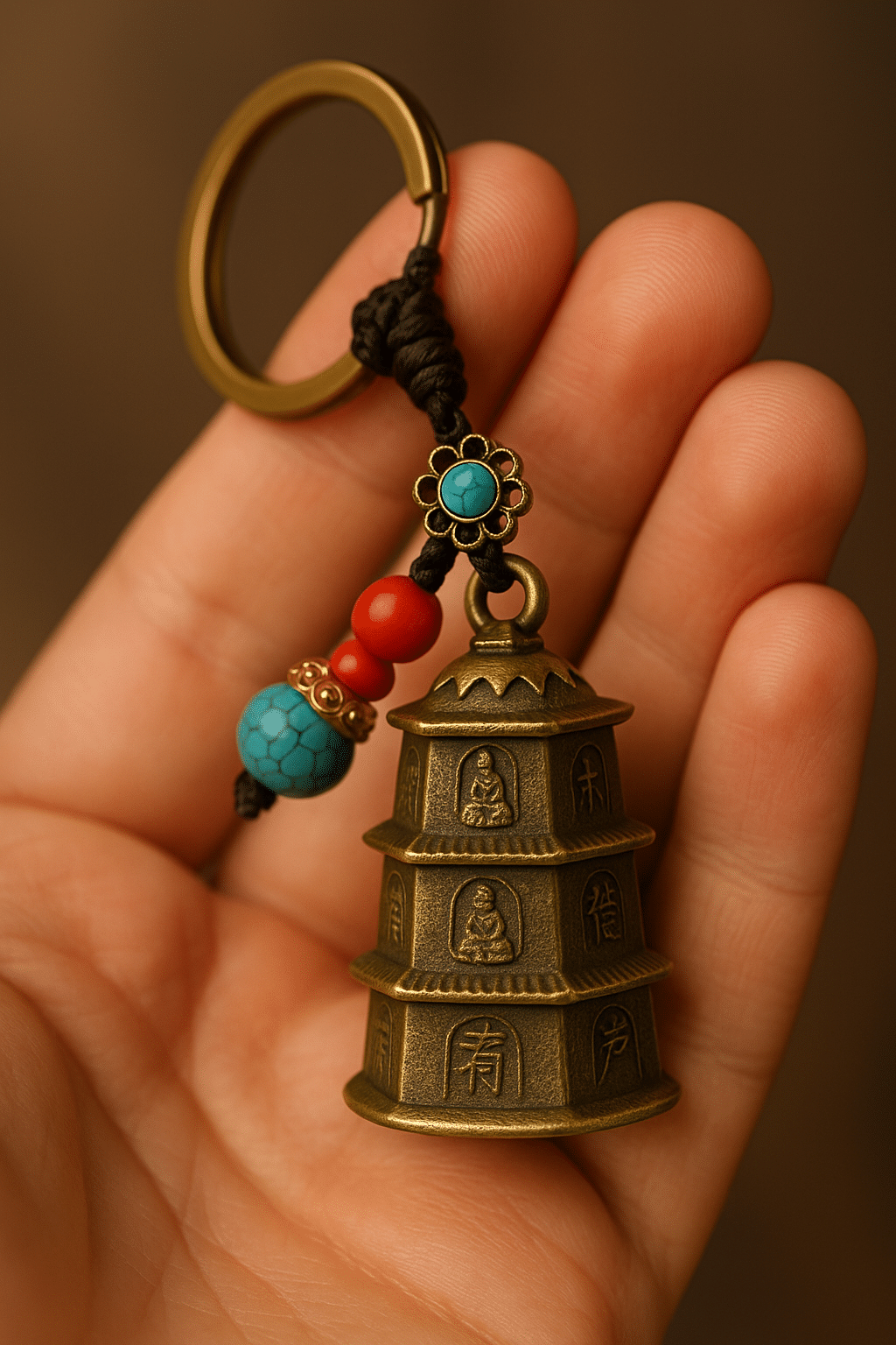    			Brass Pagoda Guardian Bell with Multi-layer Buddha Design for Protection, Good Luck charm for riders and Gifting Purpose