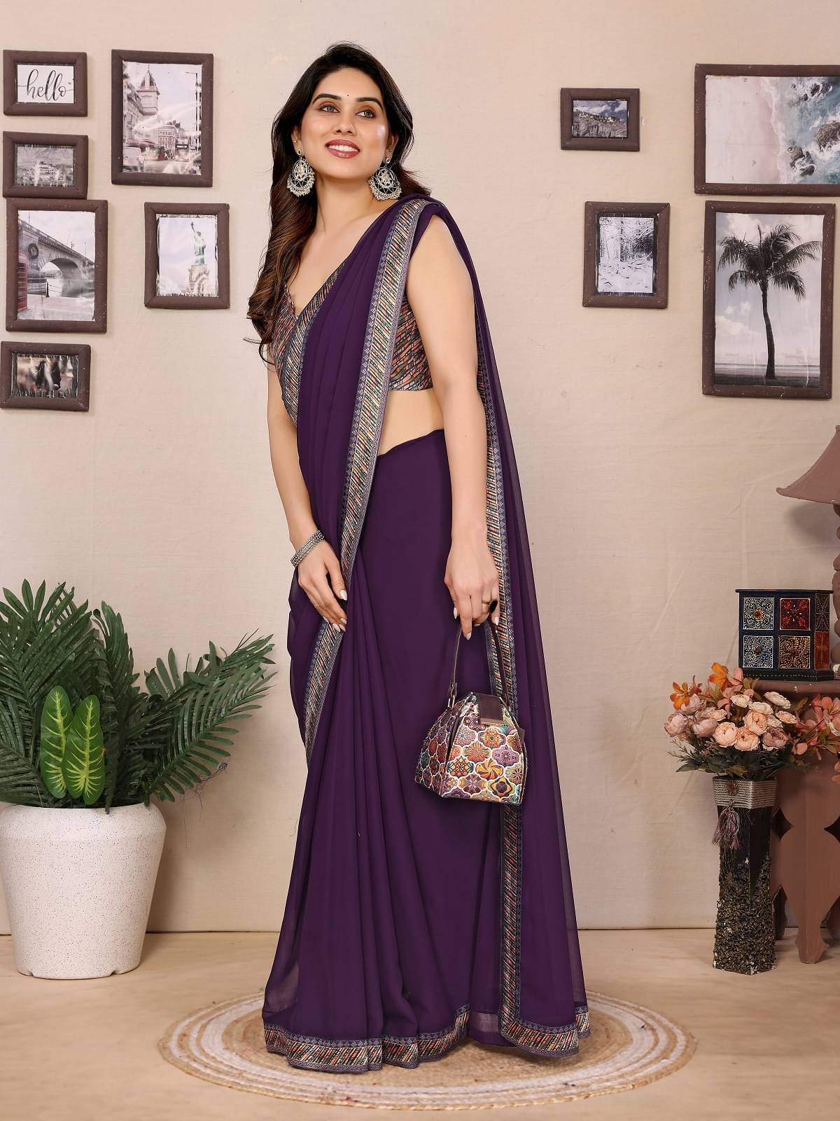 Gazal Fashions Georgette Printed Regular Saree With Unstitched Blouse Piece ( Purple ) Gazal Fashions Georgette Printed Regular Saree With Unstitched Blouse Piece ( Purple )