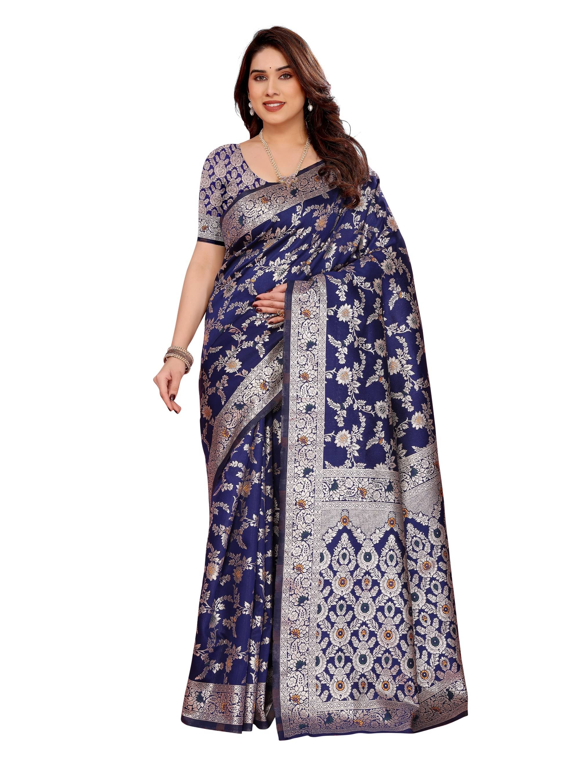     			HEMA SILK MILLS Silk Printed Regular Saree With Unstitched Blouse Piece ( Navy Blue )