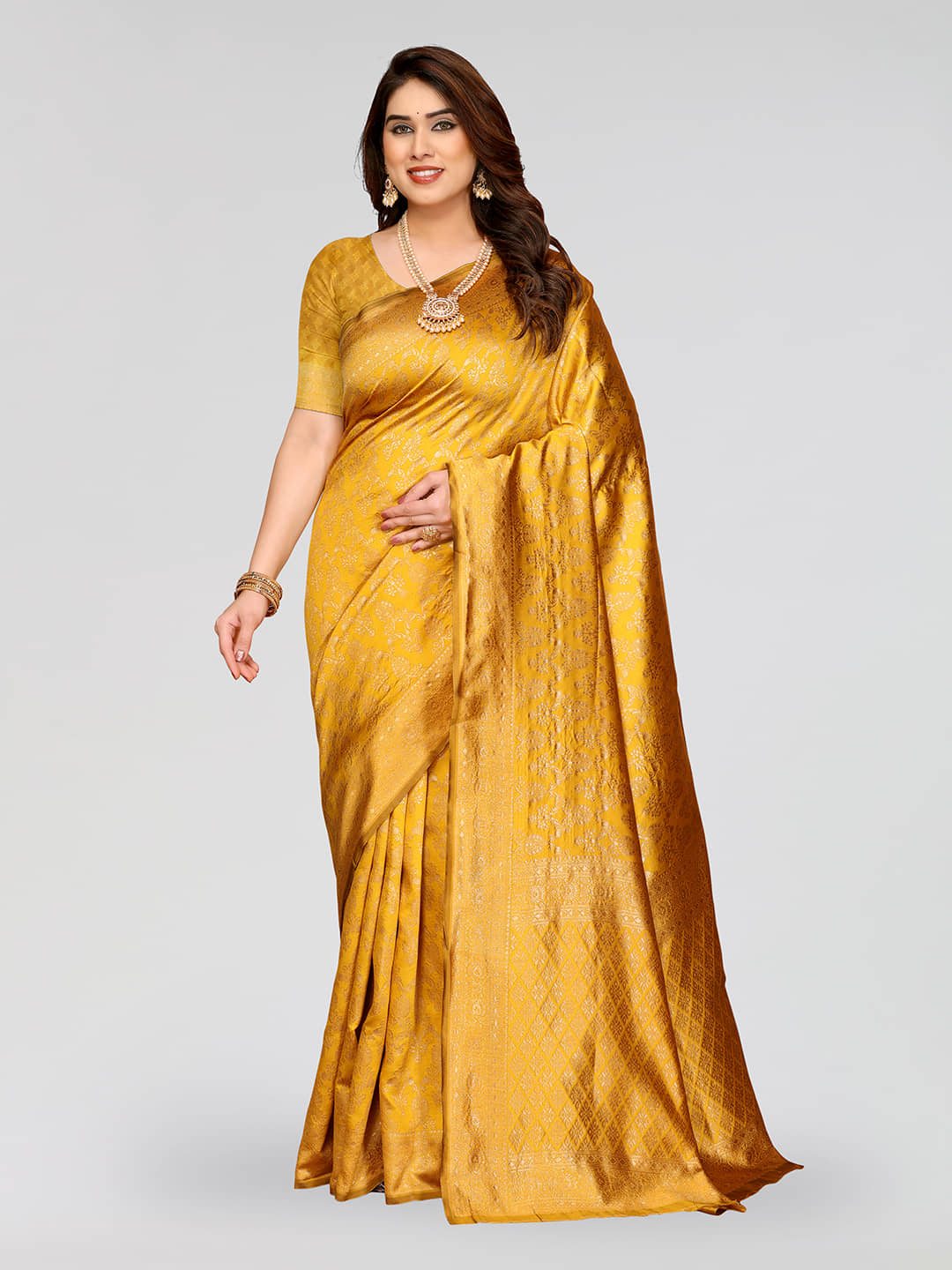 HEMA SILK MILLS Silk Printed Regular Saree With Unstitched Blouse Piece ( Gold ) - Sarees | Buy online on ZillyBuy