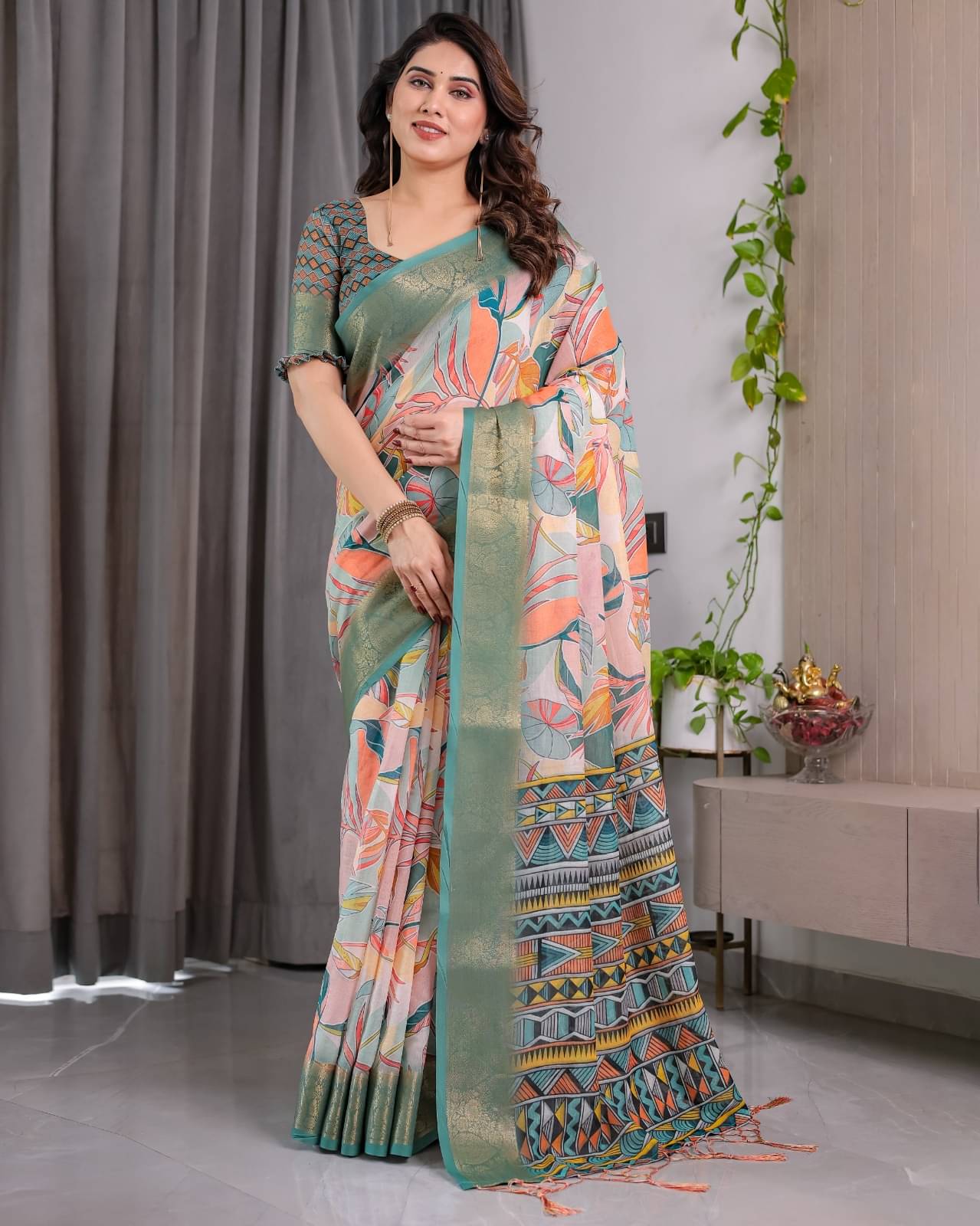     			INDIAN SILKS Linen Printed Mysore Silk Sarees With Unstitched Blouse Piece ( Green )