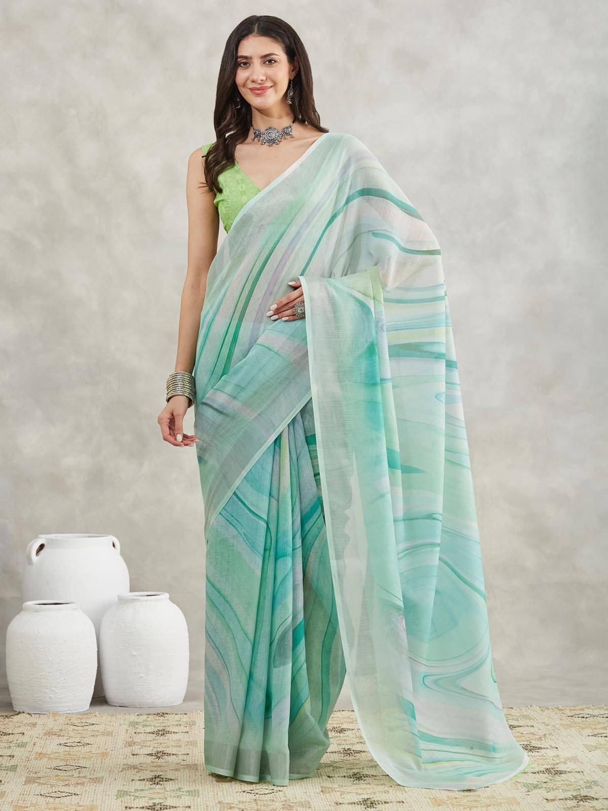 Janasya Cotton Blend Printed Regular Saree With Unstitched Blouse Piece ( Sea Green ) Janasya Cotton Blend Printed Regular Saree With Unstitched Blouse Piece ( Sea Green )