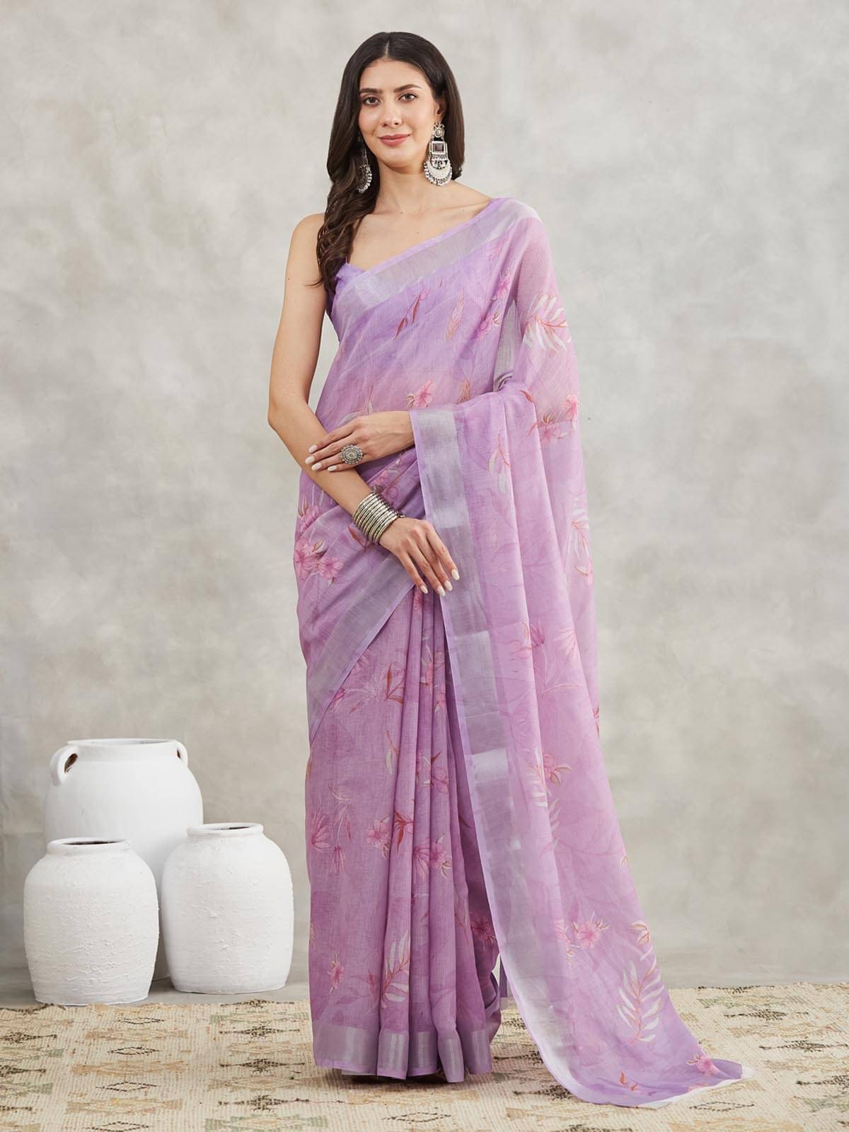 Janasya Cotton Blend Printed Regular Saree With Unstitched Blouse Piece ( Lavender ) Janasya Cotton Blend Printed Regular Saree With Unstitched Blouse Piece ( Lavender )