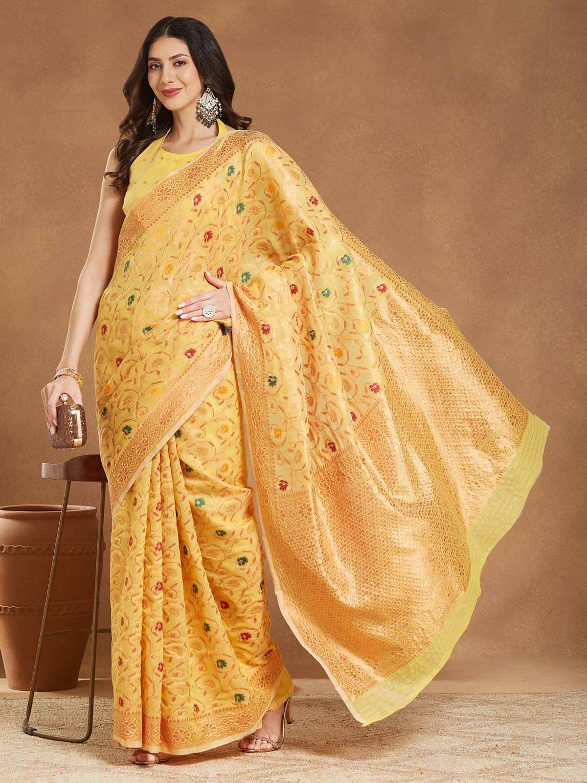     			Janasya Cotton Blend Woven Banarasi saree With Unstitched Blouse Piece ( Yellow )