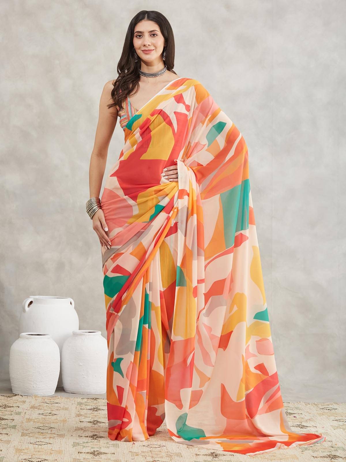 Janasya Georgette Printed Regular Saree With Unstitched Blouse Piece ( Multicolor ) Janasya Georgette Printed Regular Saree With Unstitched Blouse Piece ( Multicolor )