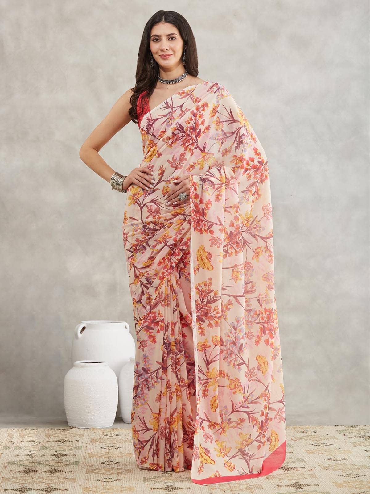 Janasya Georgette Printed Regular Saree With Unstitched Blouse Piece ( Cream ) Janasya Georgette Printed Regular Saree With Unstitched Blouse Piece ( Cream )