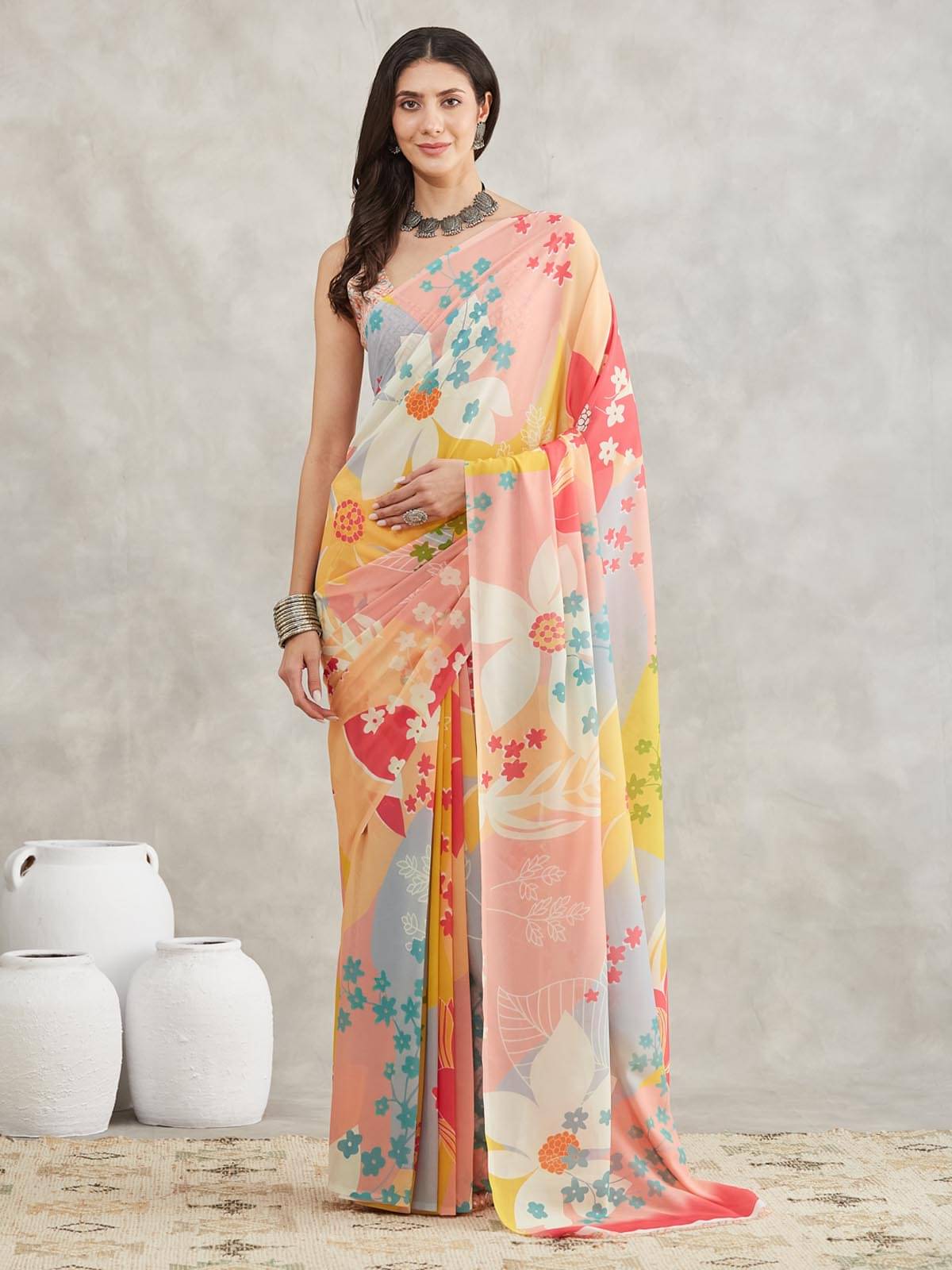 Janasya Georgette Printed Regular Saree With Unstitched Blouse Piece ( Multicolor ) Janasya Georgette Printed Regular Saree With Unstitched Blouse Piece ( Multicolor )