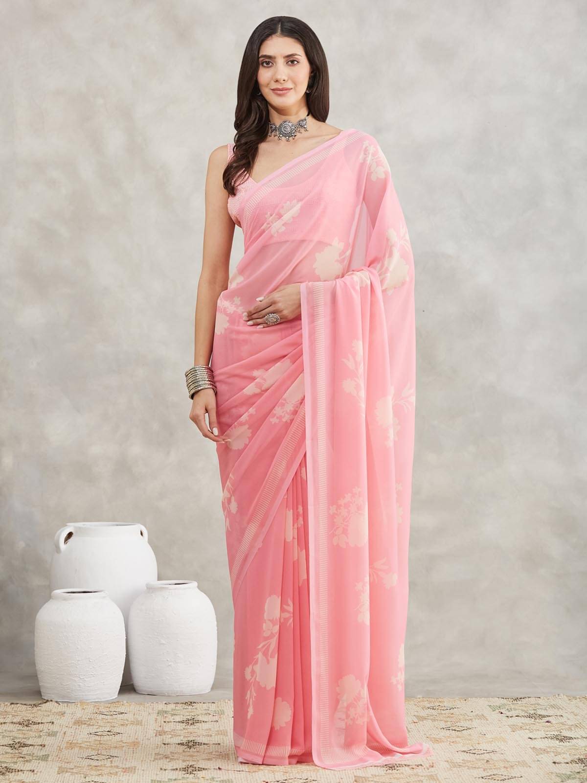     			Janasya Georgette Printed Regular Saree With Unstitched Blouse Piece ( Pink )