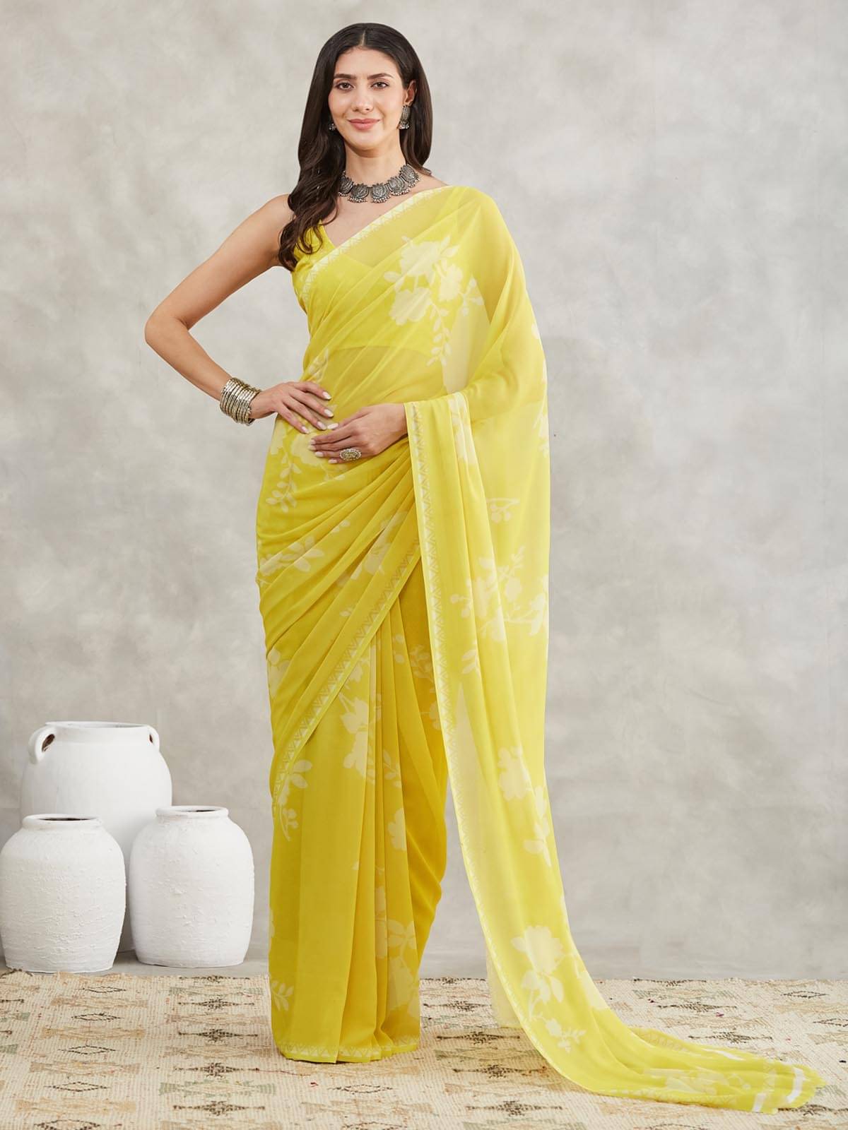    			Janasya Georgette Printed Regular Saree With Unstitched Blouse Piece ( Yellow )