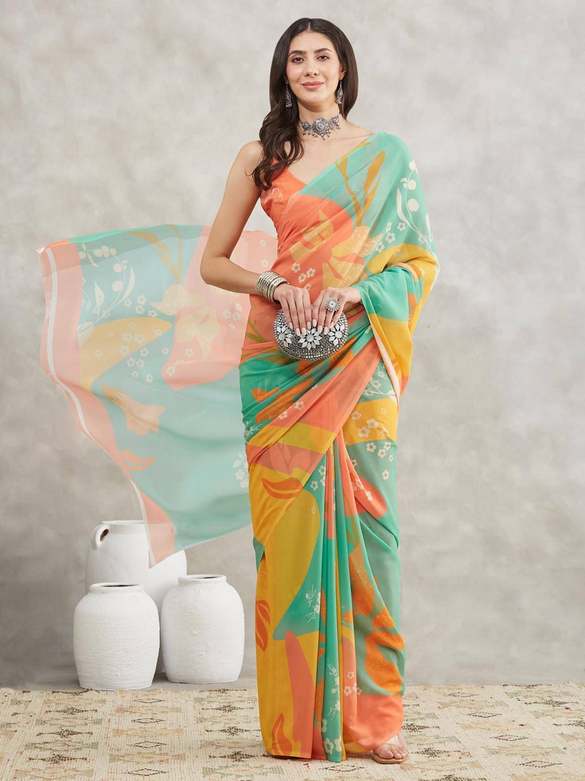 Janasya Georgette Printed Regular Saree With Unstitched Blouse Piece ( Multicolor ) Janasya Georgette Printed Regular Saree With Unstitched Blouse Piece ( Multicolor )