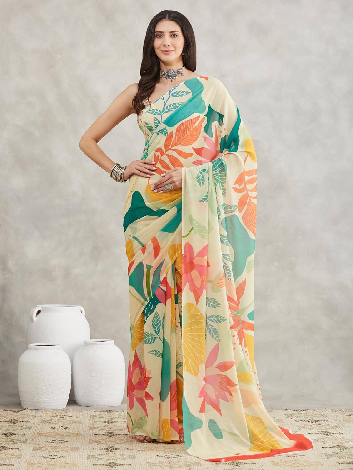 Janasya Georgette Printed Regular Saree With Unstitched Blouse Piece ( Multicolor ) Janasya Georgette Printed Regular Saree With Unstitched Blouse Piece ( Multicolor )