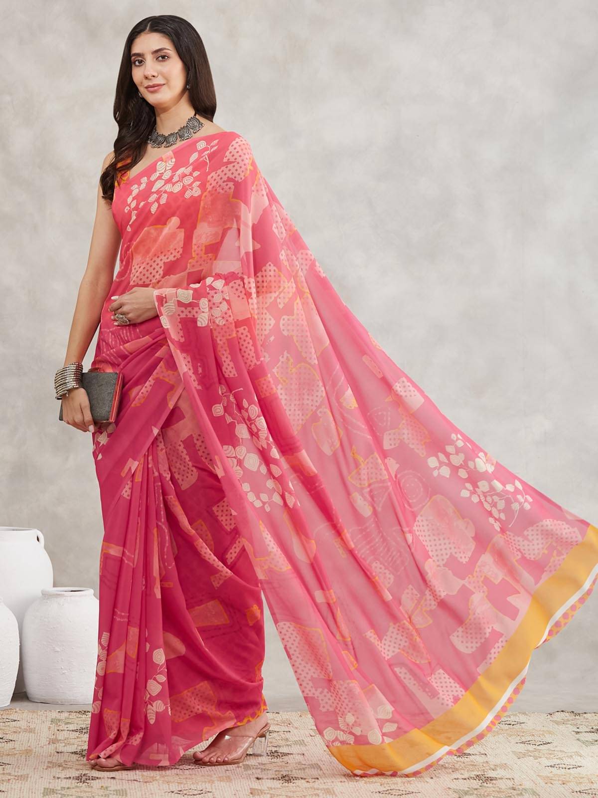 Janasya Georgette Printed Regular Saree With Unstitched Blouse Piece ( Pink ) Janasya Georgette Printed Regular Saree With Unstitched Blouse Piece ( Pink )