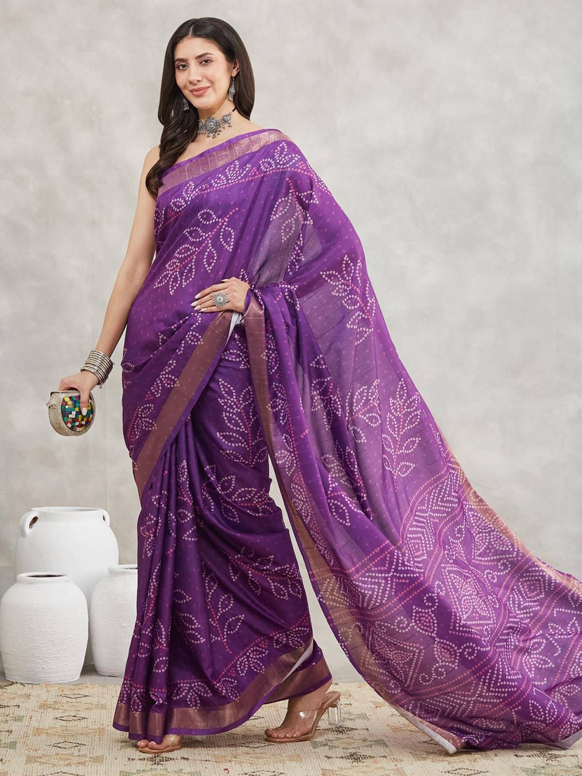     			Janasya Silk Blend Printed Bandhani Sarees With Unstitched Blouse Piece ( Purple )