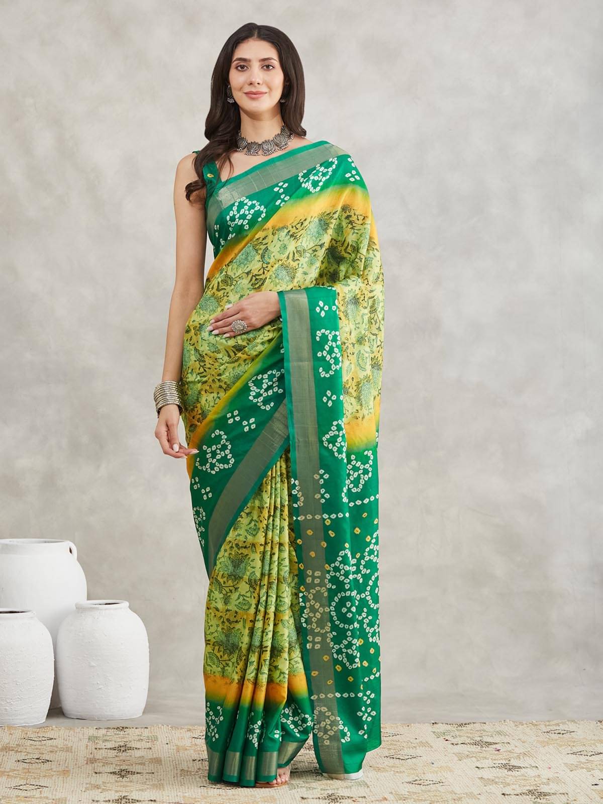     			Janasya Silk Blend Printed Bandhani Sarees With Unstitched Blouse Piece ( Mustard )