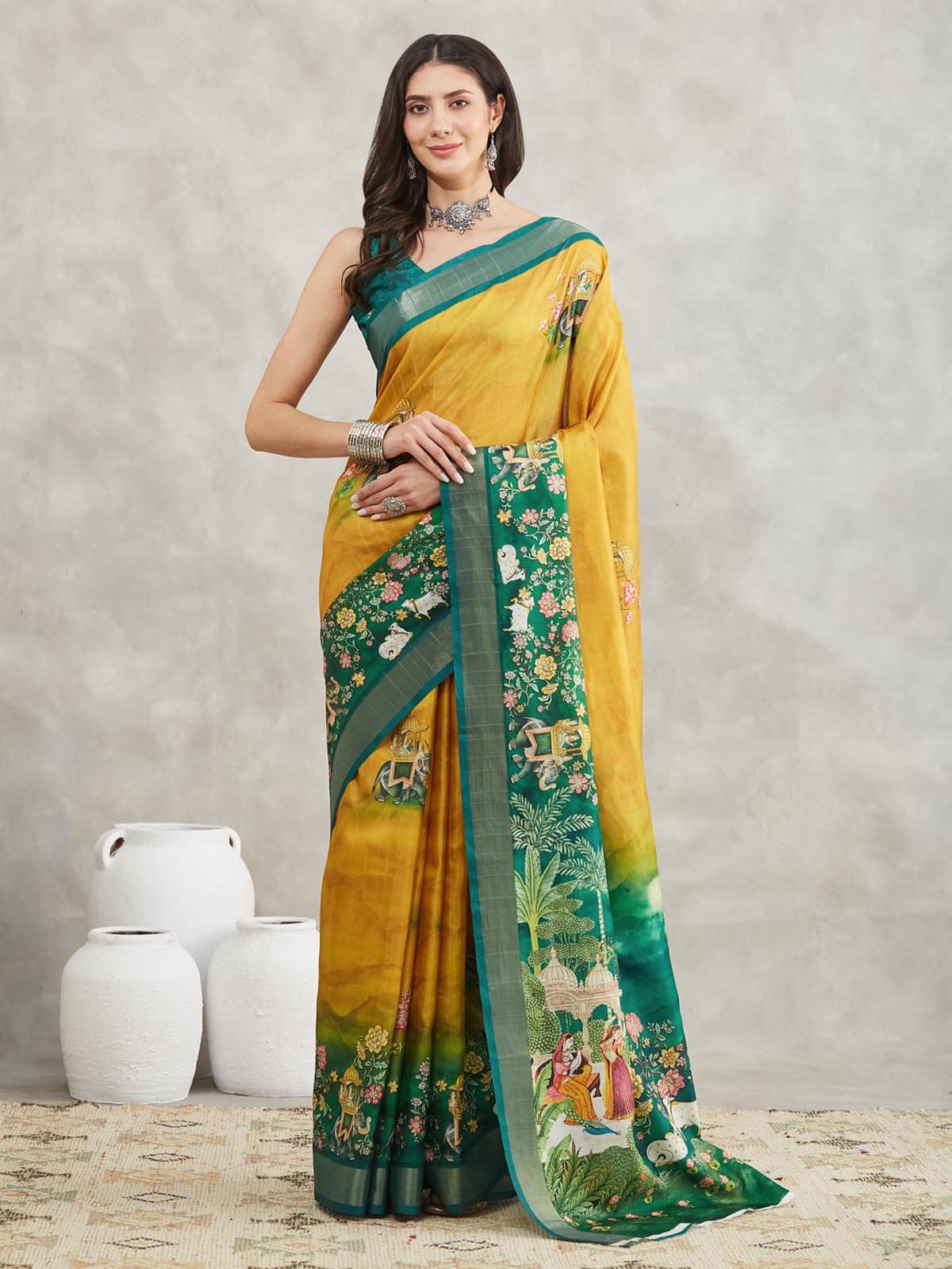     			Janasya Silk Blend Printed Regular Saree With Unstitched Blouse Piece ( Mustard )