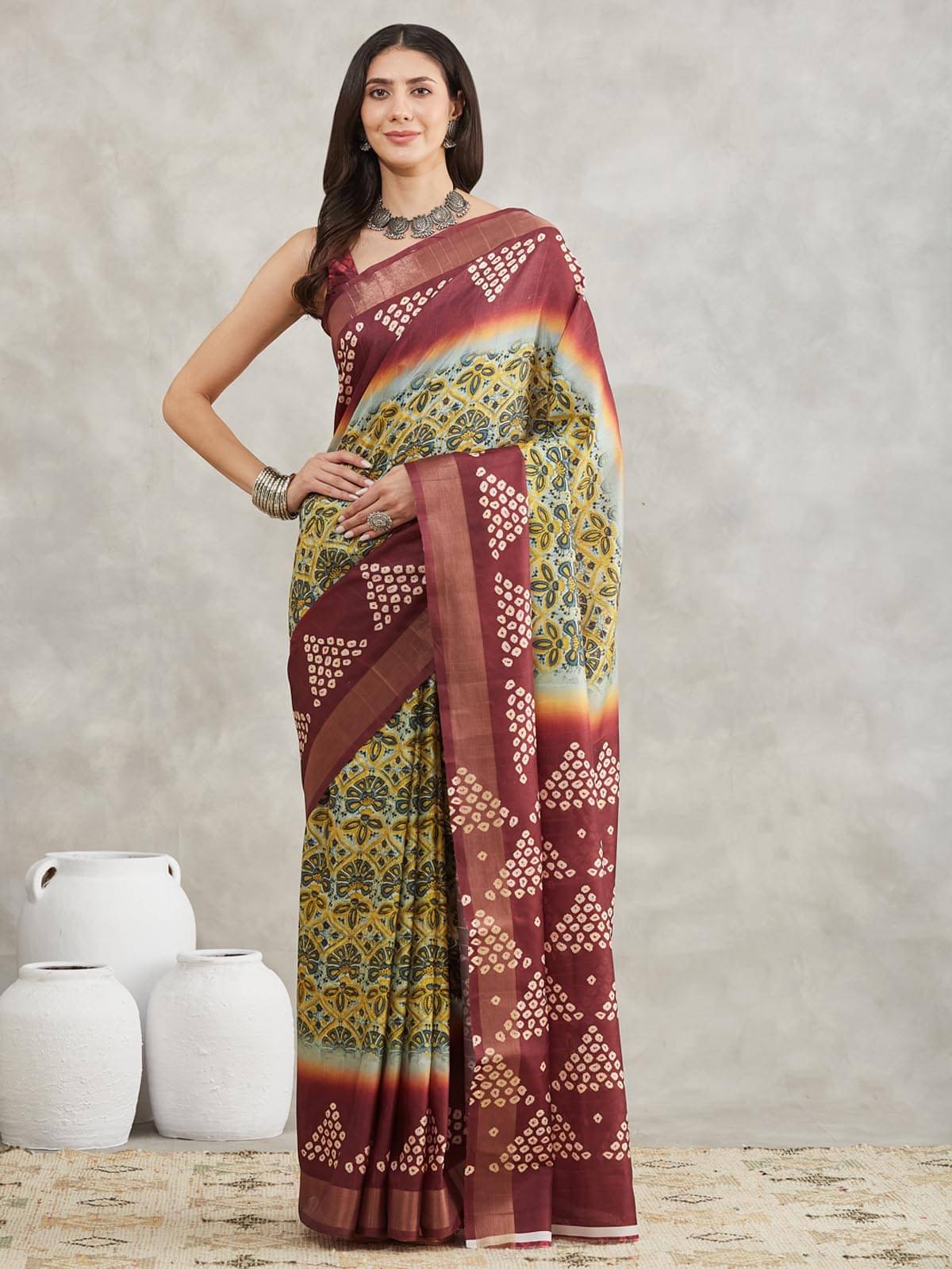     			Janasya Silk Blend Printed Regular Saree With Unstitched Blouse Piece ( Yellow )
