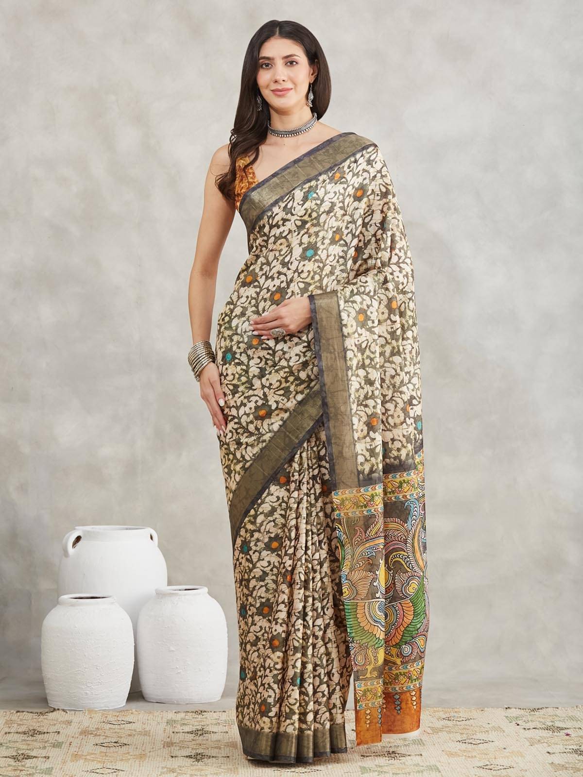 Janasya Silk Blend Printed Regular Saree With Unstitched Blouse Piece ( Olive ) Janasya Silk Blend Printed Regular Saree With Unstitched Blouse Piece ( Olive )