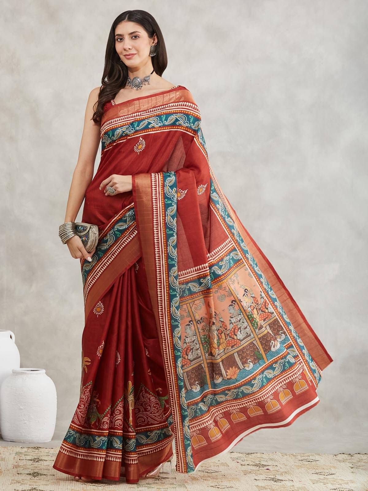 Janasya Silk Blend Printed Regular Saree With Unstitched Blouse Piece ( Rust ) Janasya Silk Blend Printed Regular Saree With Unstitched Blouse Piece ( Rust )