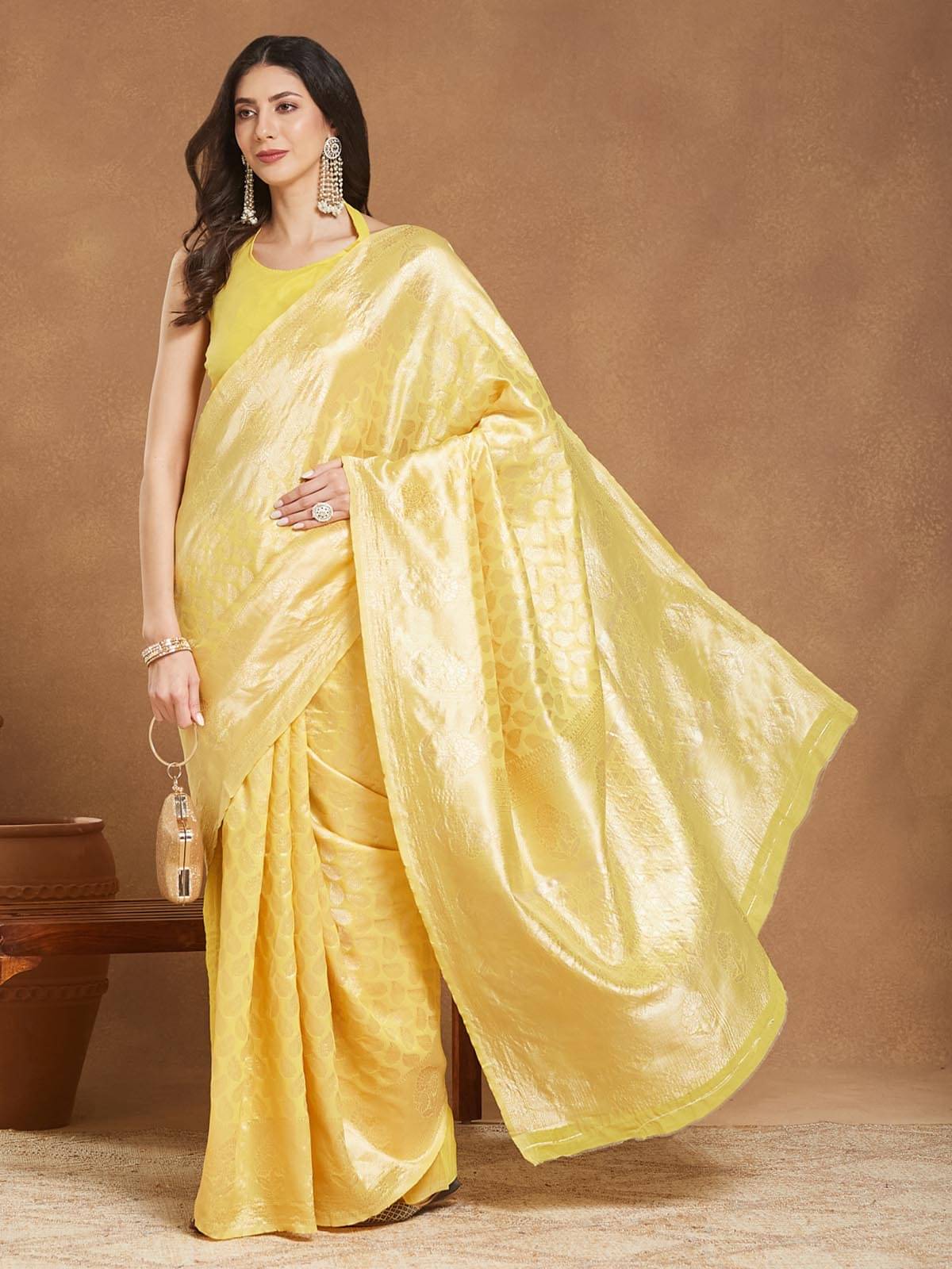 Janasya Silk Blend Woven Banarasi saree With Unstitched Blouse Piece ( Yellow ) Janasya Silk Blend Woven Banarasi saree With Unstitched Blouse Piece ( Yellow )