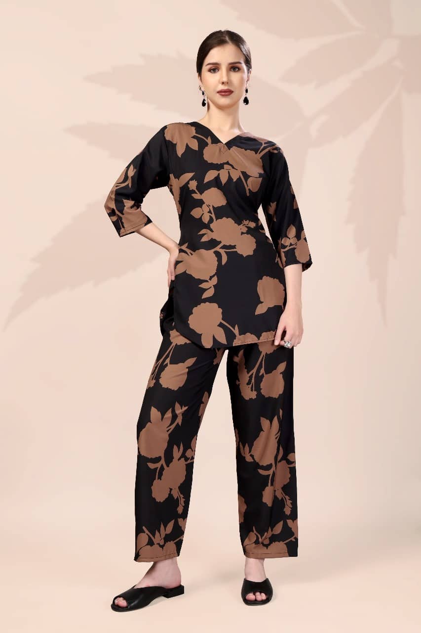 KAHARA Women Printed Tunic With Palazzos Co-Ord Set ( Black )