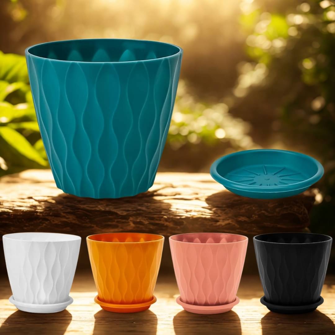     			Luvis Grace 5 Multicolor Plastic Plant Pots with Tray | Medium Decorative Flower Pots for Balcony & Indoors