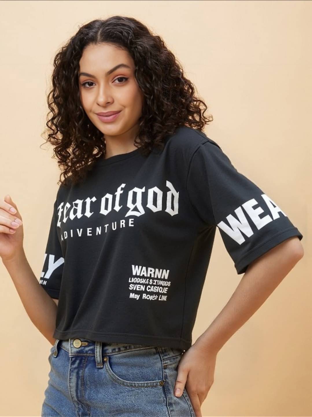 MAYKR Women Polyester Printed Oversized Fit Round Neck T-Shirt ( Black )     			MAYKR Women Polyester Printed Oversized Fit Round Neck T-Shirt ( Black )