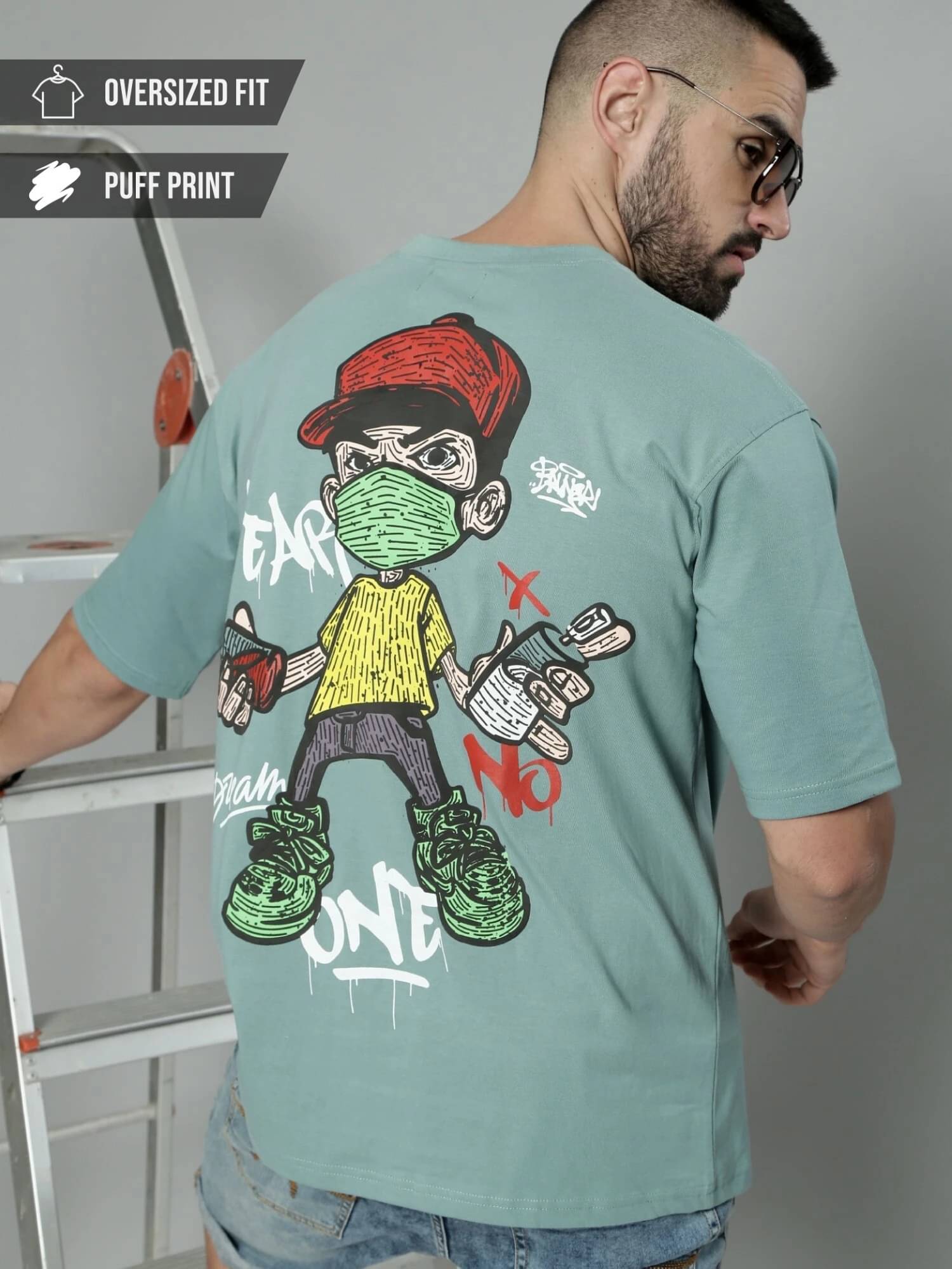    			Maniac Men 100% Cotton Oversized Fit Printed T-Shirt ( Green )