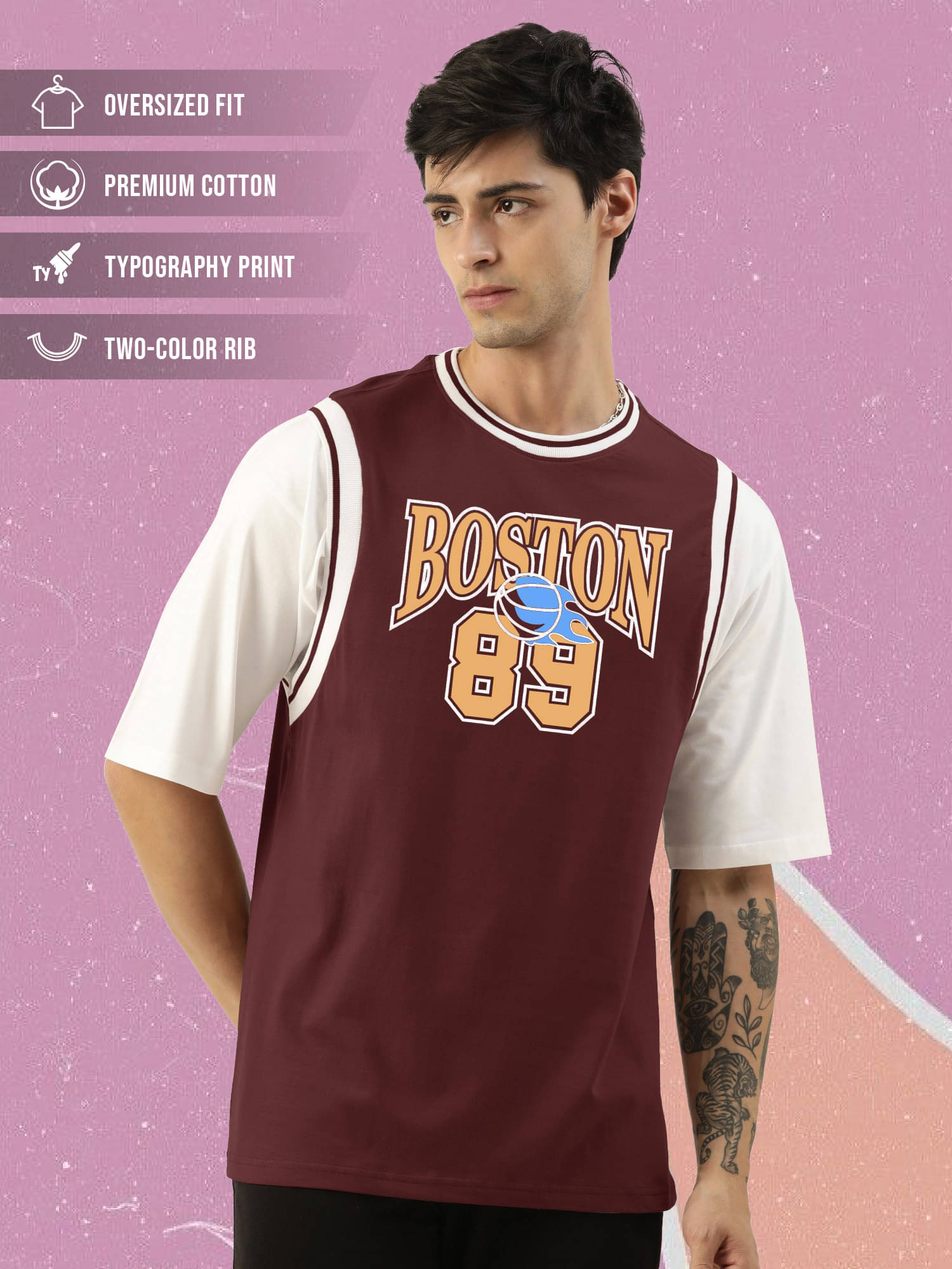     			Maniac Men 100% Cotton Oversized Fit Printed T-Shirt ( Maroon )