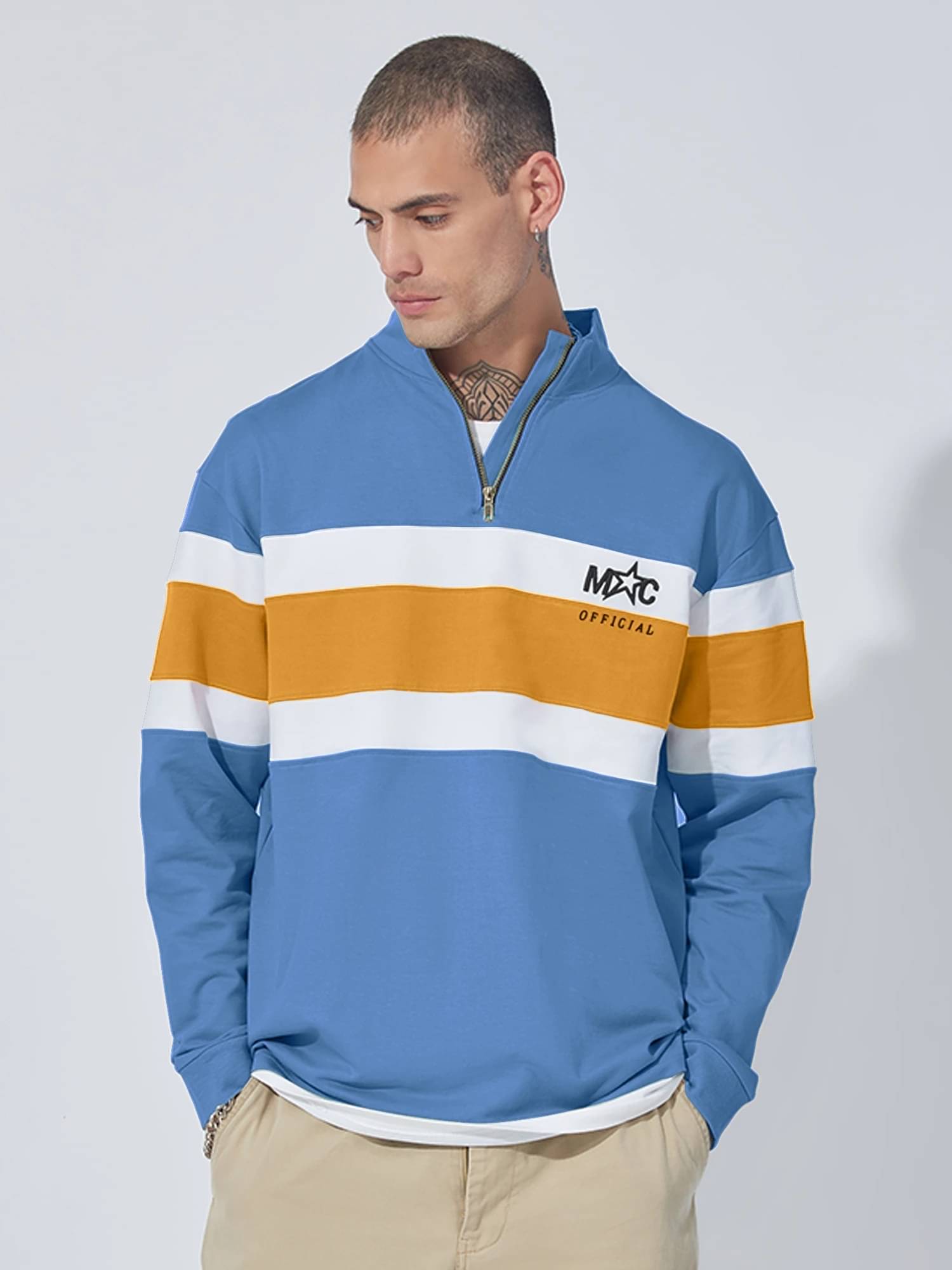    			Maniac Men 100% Cotton Oversized Fit Striped T-Shirt ( Blue )