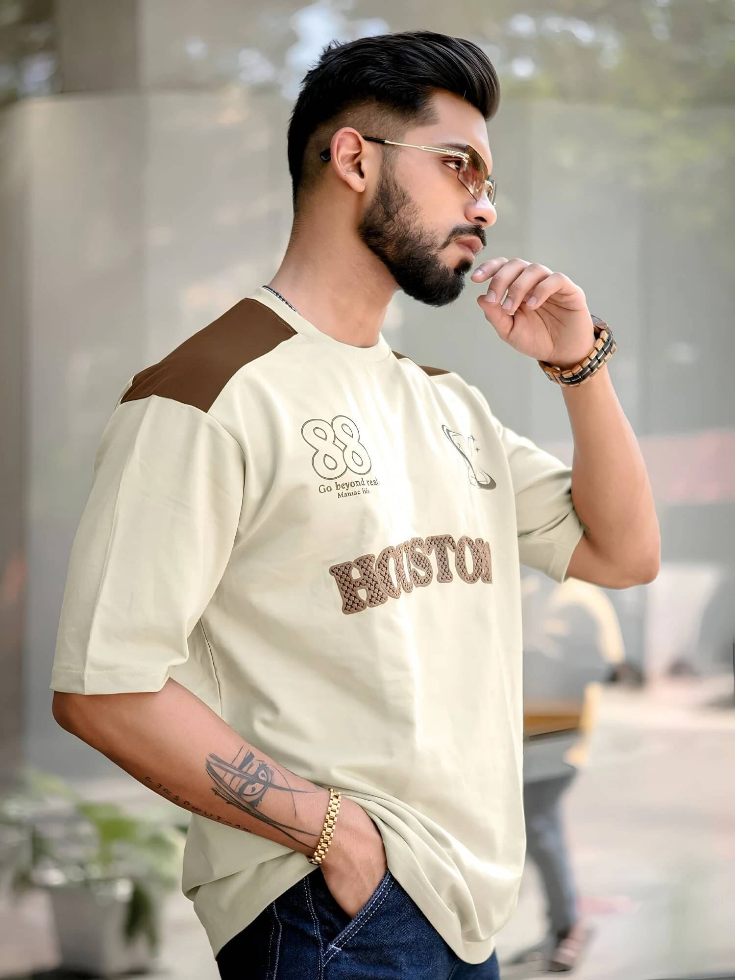 Maniac Men 100% Cotton Oversized Fit Printed T-Shirt ( Beige ) Maniac Men 100% Cotton Oversized Fit Printed T-Shirt ( Beige )