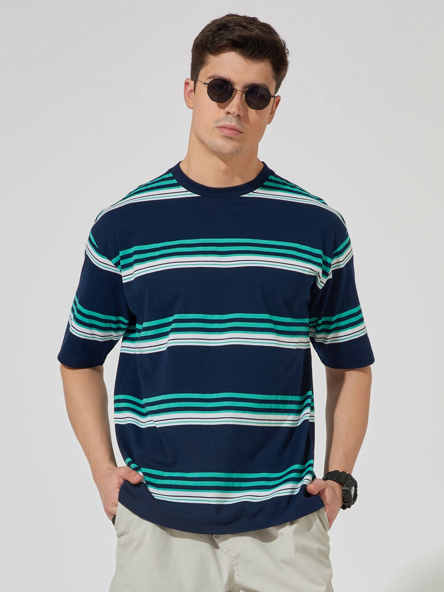     			Maniac Men 100% Cotton Oversized Fit Striped T-Shirt ( Multicolor )