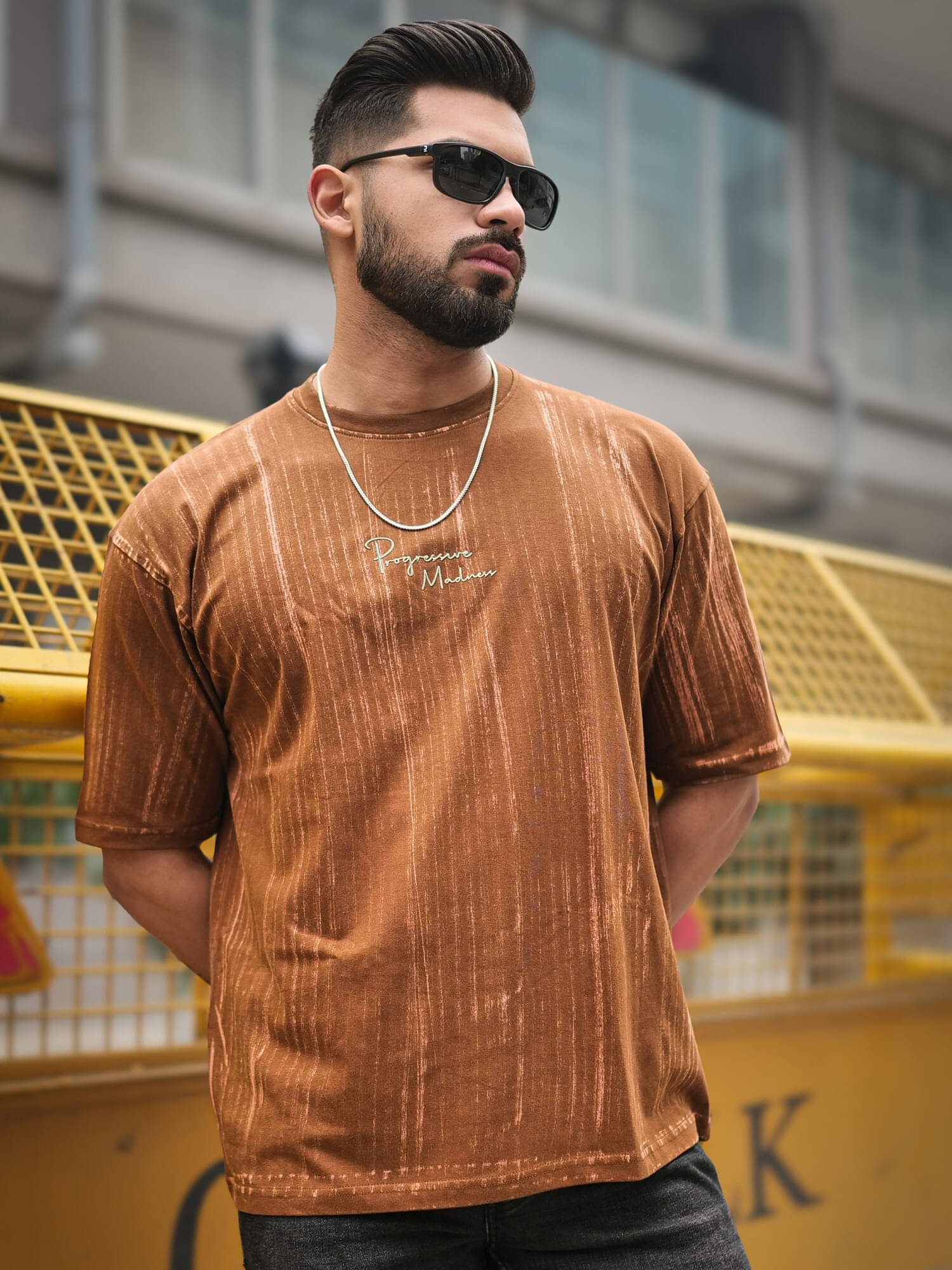 Maniac Men 100% Cotton Oversized Fit Printed T-Shirt ( Brown ) Maniac Men 100% Cotton Oversized Fit Printed T-Shirt ( Brown )