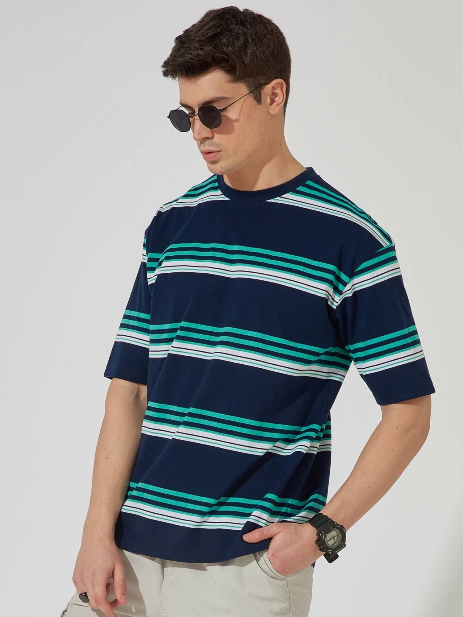 Maniac Men 100% Cotton Oversized Fit Striped T-Shirt ( Navy Blue ) Maniac Men 100% Cotton Oversized Fit Striped T-Shirt ( Navy Blue )
