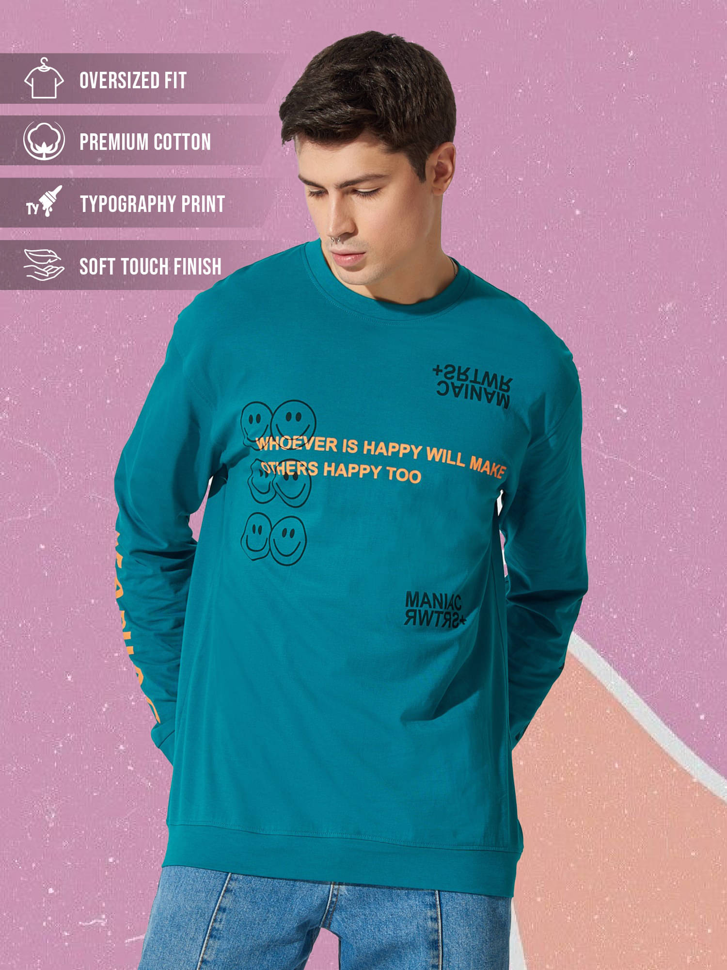     			Maniac Men 100% Cotton Oversized Fit Printed T-Shirt ( Green )
